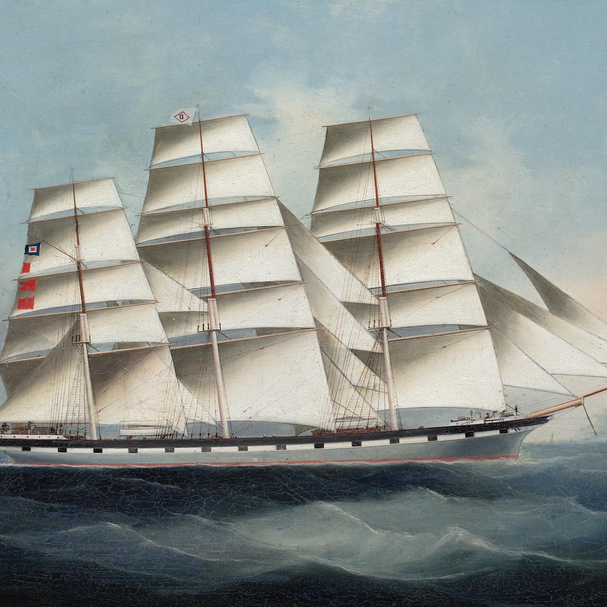 Questo dipinto a olio britannico della fine del XIX secolo raffigura il Clan Mackenzie, un veliero a tre alberi completamente armato. Costruita nel 1882 per Thomas Dunlop and Son di Glasgow, in Scozia, questa imponente nave con scafo in ferro ha