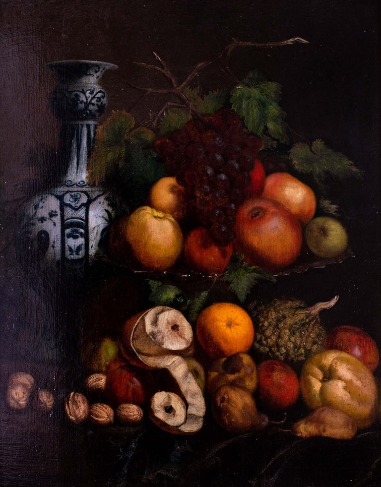 19th Century British still life oil painting of fruit and a vase - Painting by Unknown