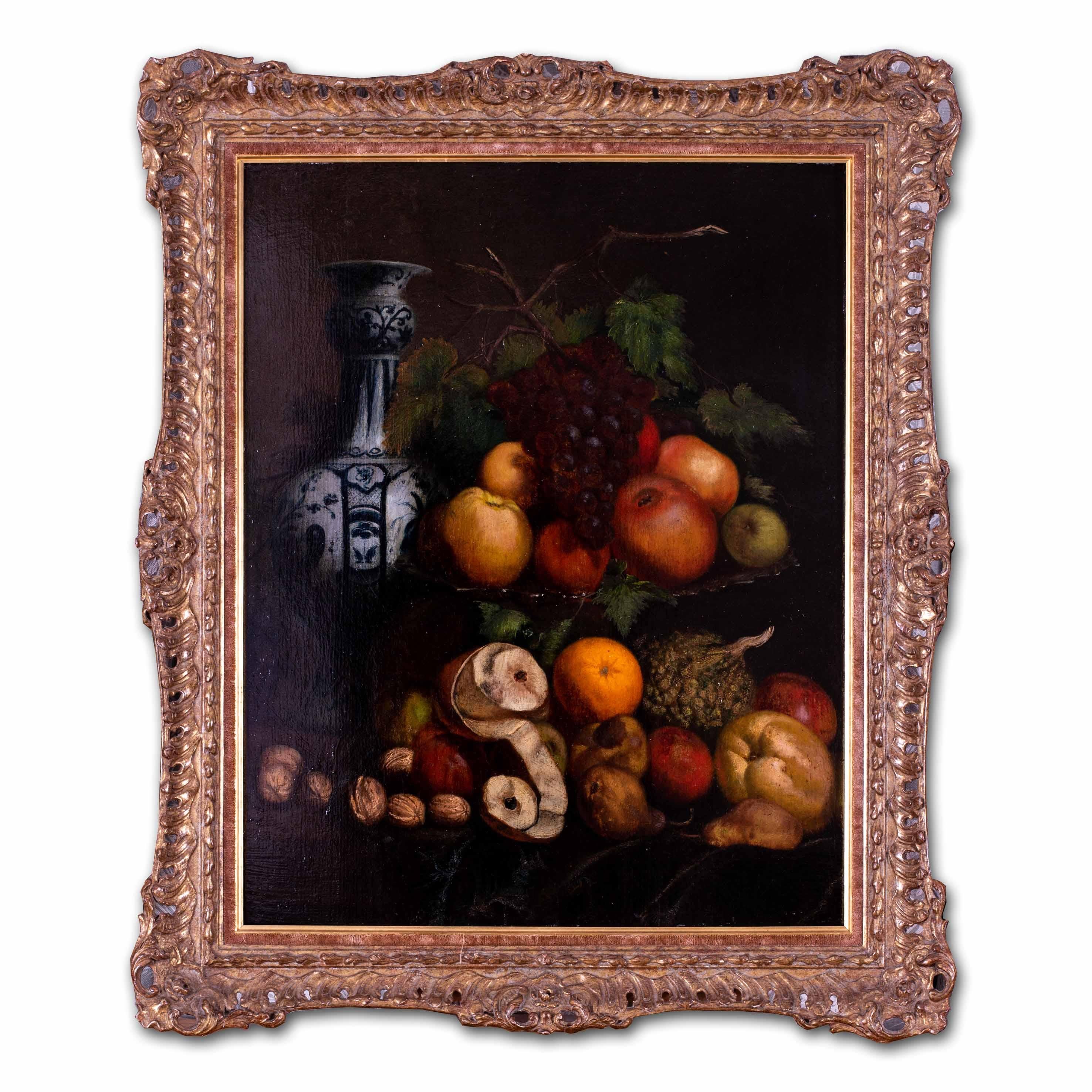 19th Century British still life oil painting of fruit and a vase 2