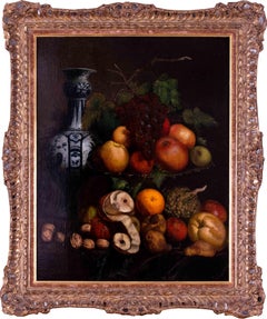 19th Century British still life oil painting of fruit and a vase