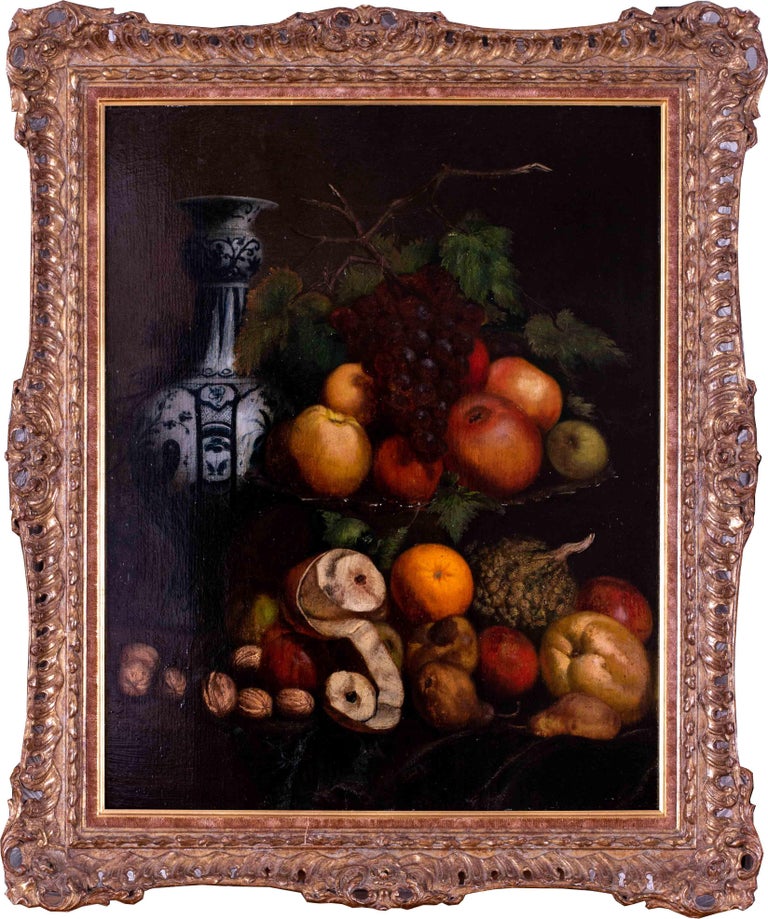Unknown Still-Life Painting - 19th Century British still life oil painting of fruit and a vase