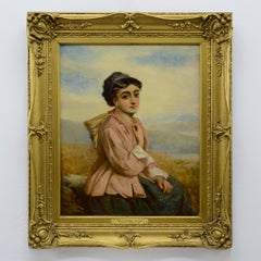 19th Century British Victorian Romantic Young Woman Portrait Oil Canvas Framed