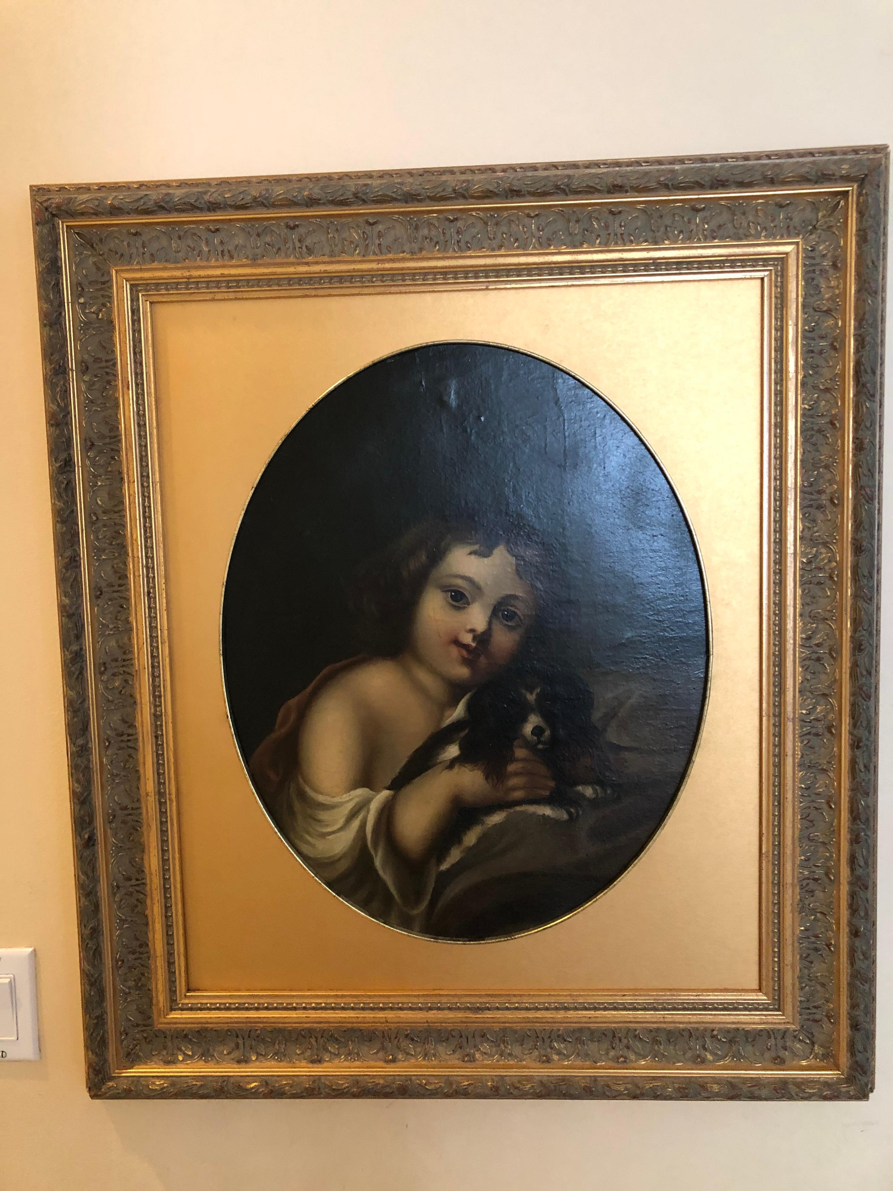 Portrait d'enfant et de chien du 19e siècle - Painting de Unknown