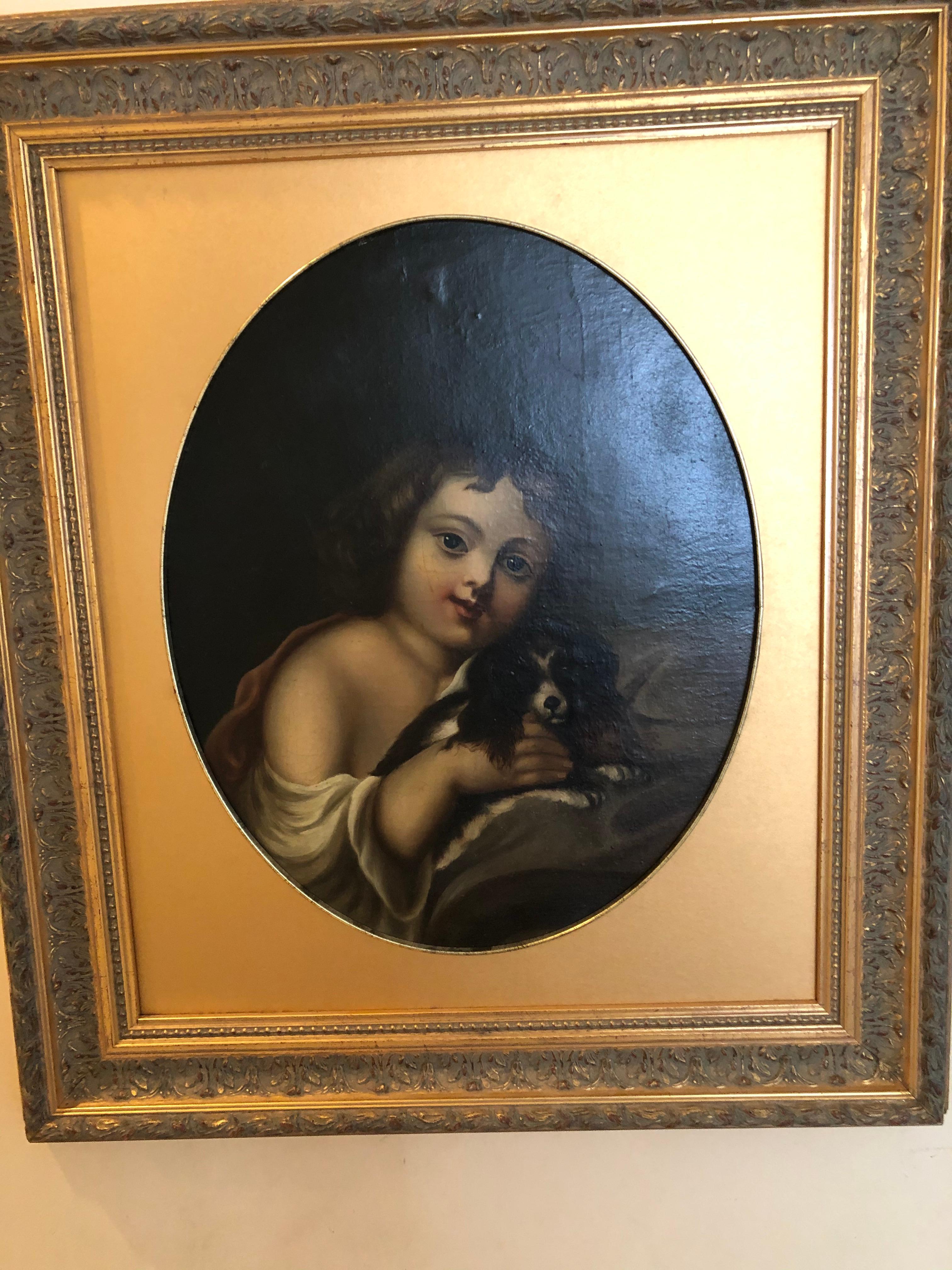 Portrait d'enfant et de chien du 19e siècle - Réalisme Painting par Unknown