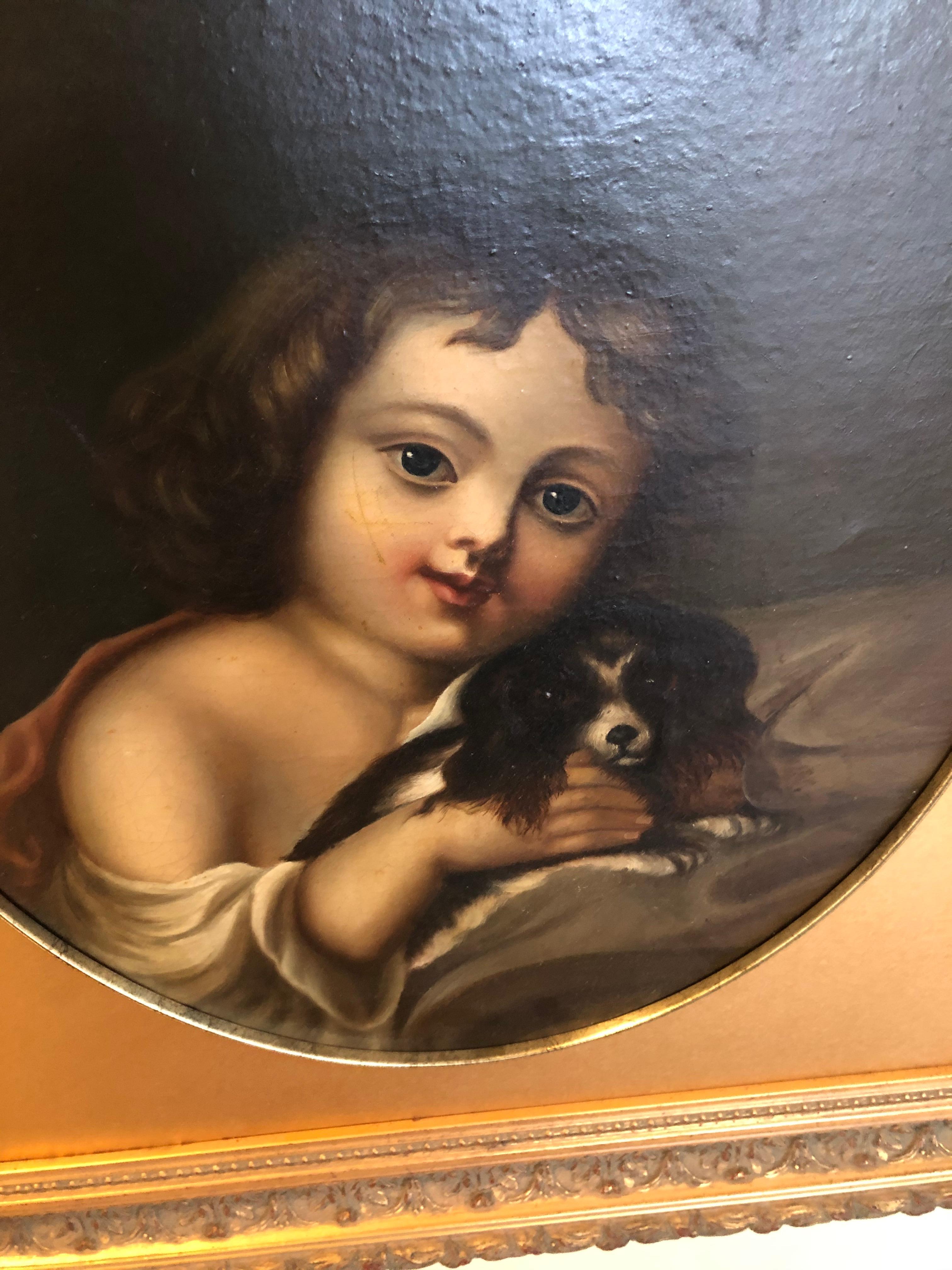 Animal Painting Unknown - Portrait d'enfant et de chien du XIXe siècle