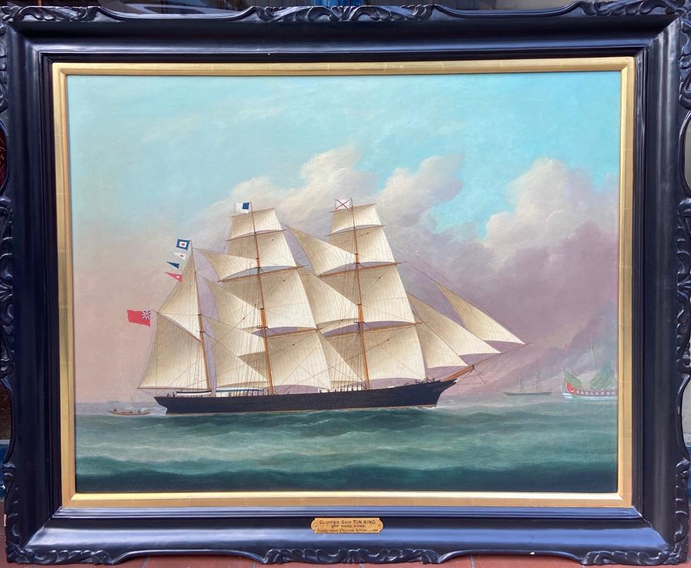 19th Century China Trade Painting of Clipper Ship Tin Sing off Hong Kong