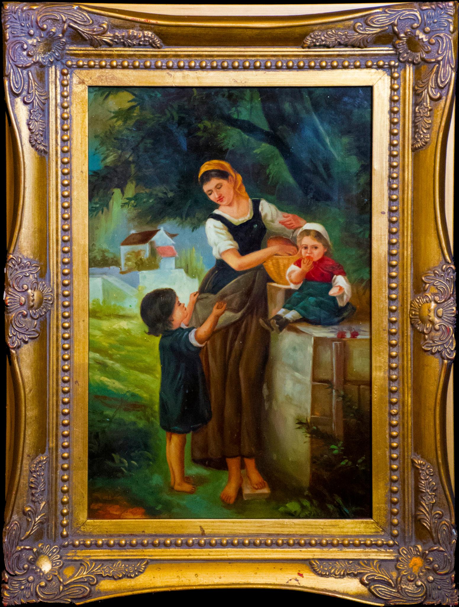 Unknown Figurative Painting - 19th Century Continental Oil Painting of Mother & Children