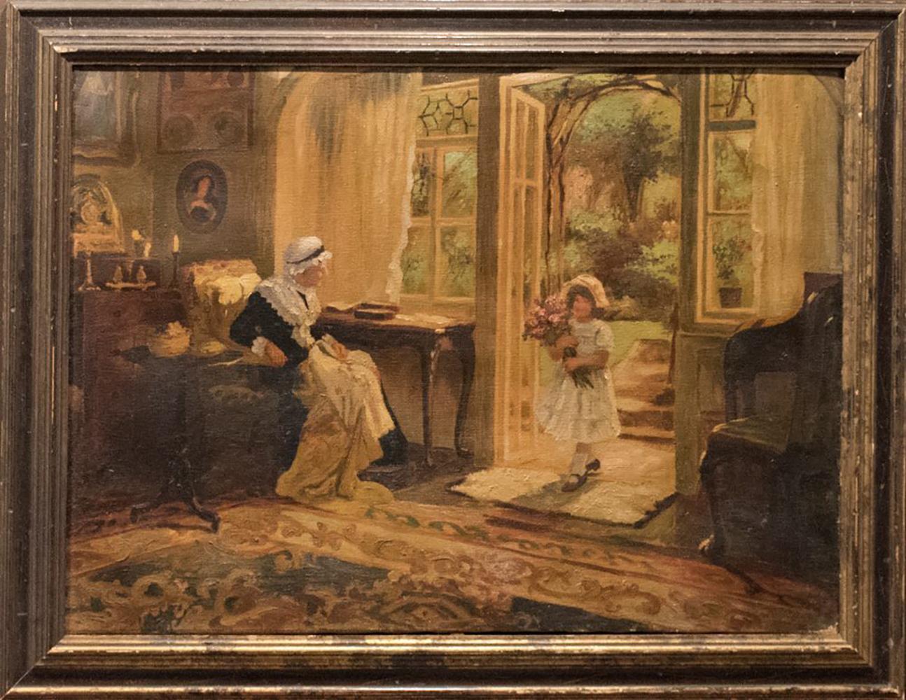 Unknown Figurative Painting - 19th Century Continental School “Flowers For Grandmother” Oil on Canvas
