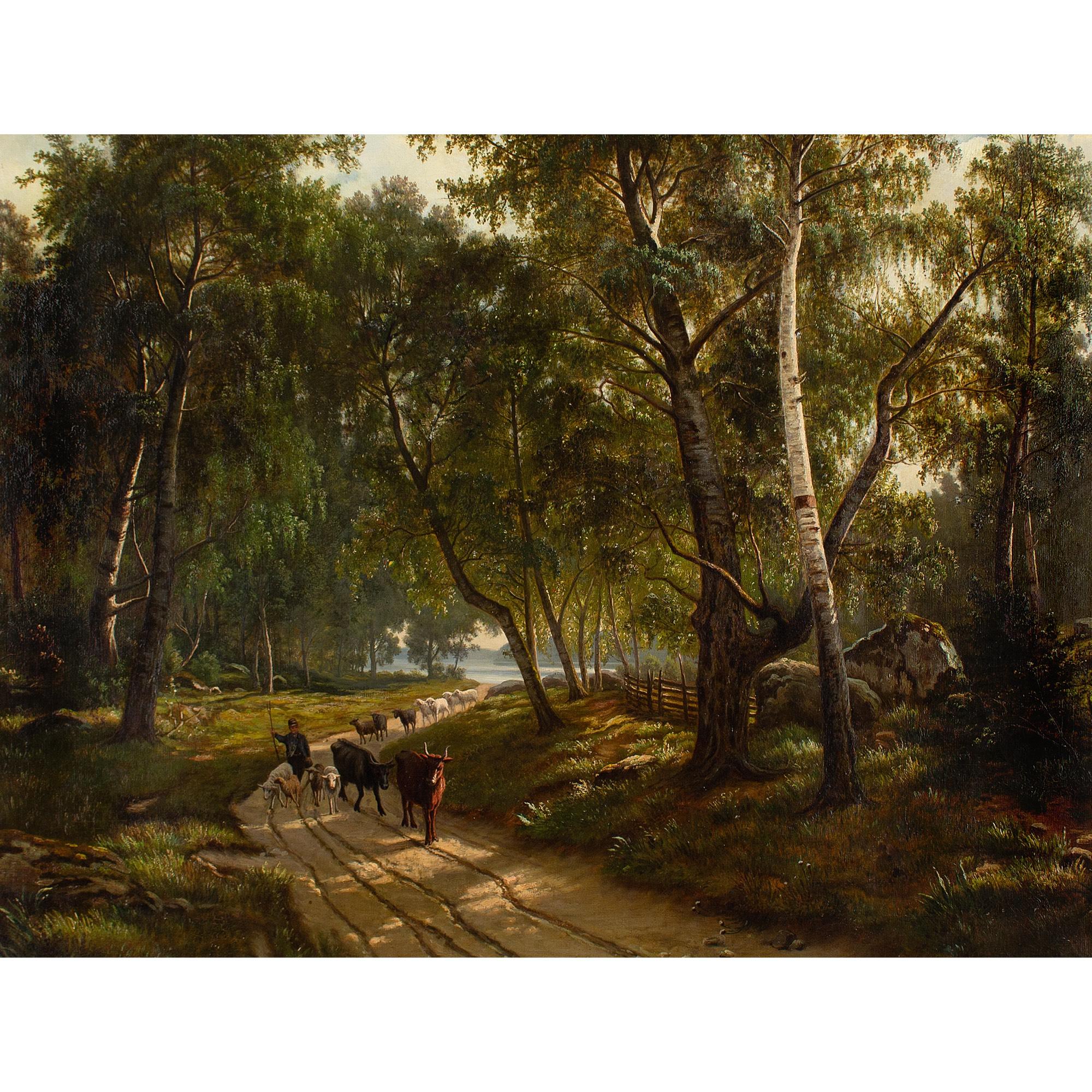 19th-Century Danish School, Forest Landscape With Cattle Drover - Painting by Unknown
