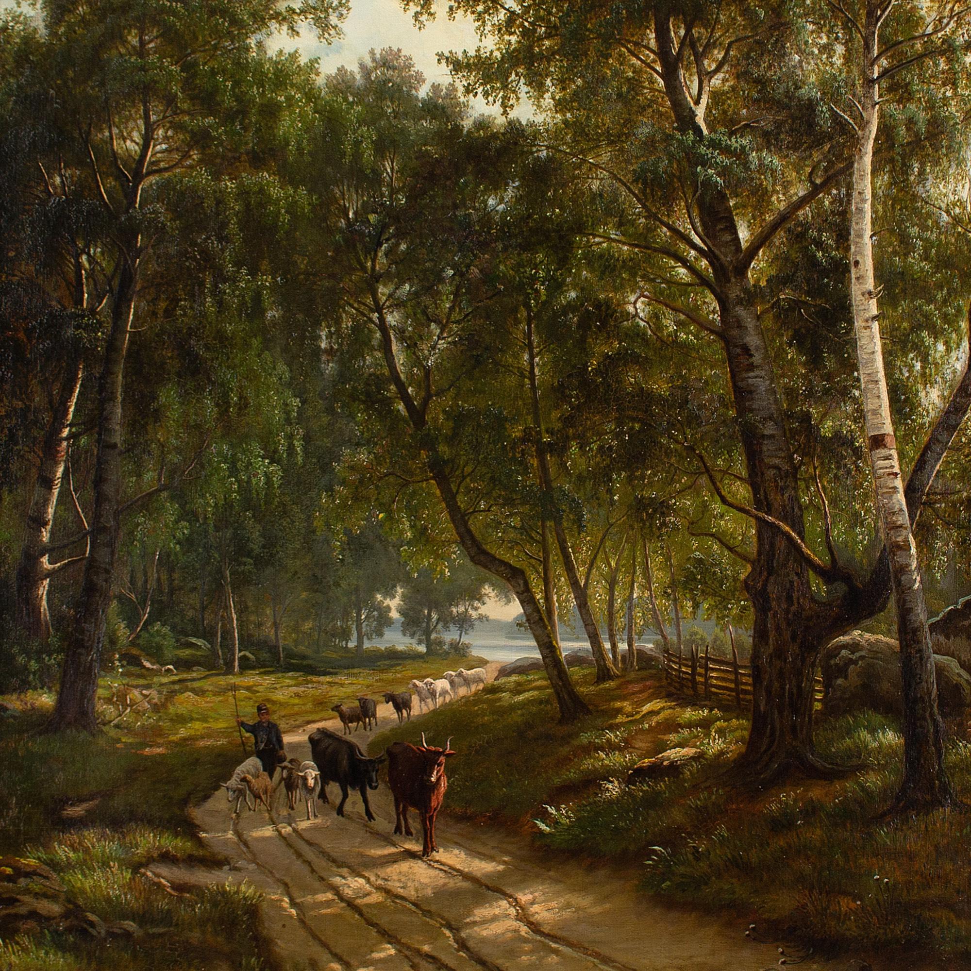 This mid-19th-century Danish oil painting depicts a forest landscape with meandering cattle.

Ambling under an epic canopy of twisting birch, a cattle drover guides his livestock. Contorted silvery forms echoed in the cart tracks. Beyond them, a
