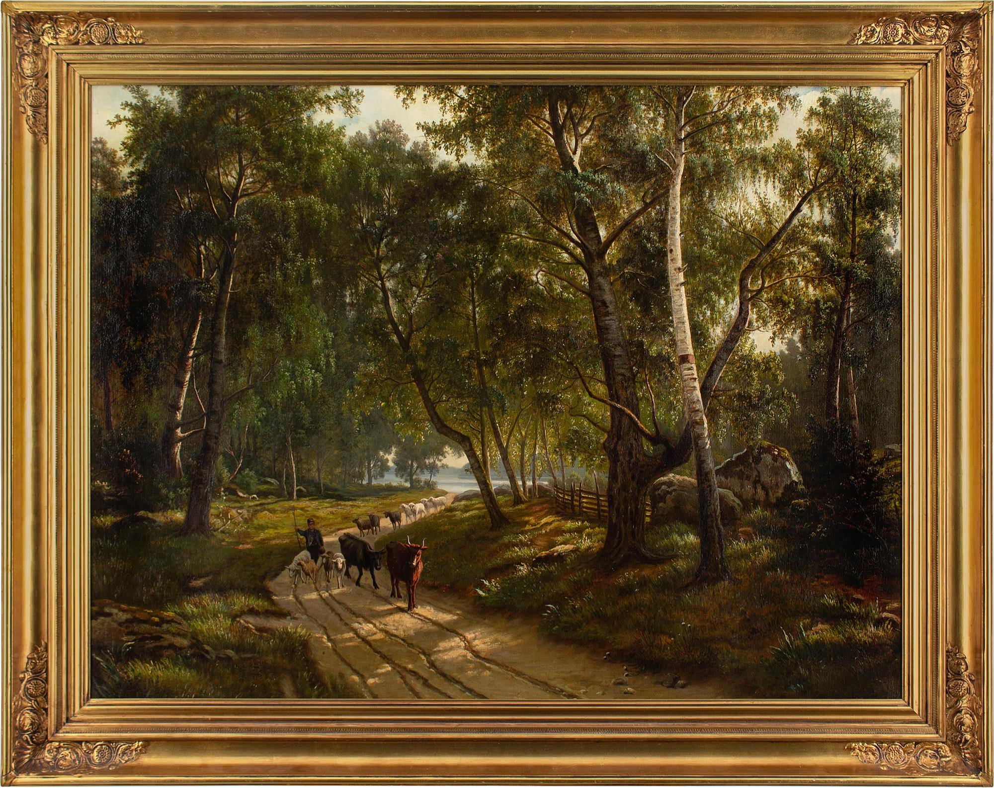 Unknown Landscape Painting - 19th-Century Danish School, Forest Landscape With Cattle Drover