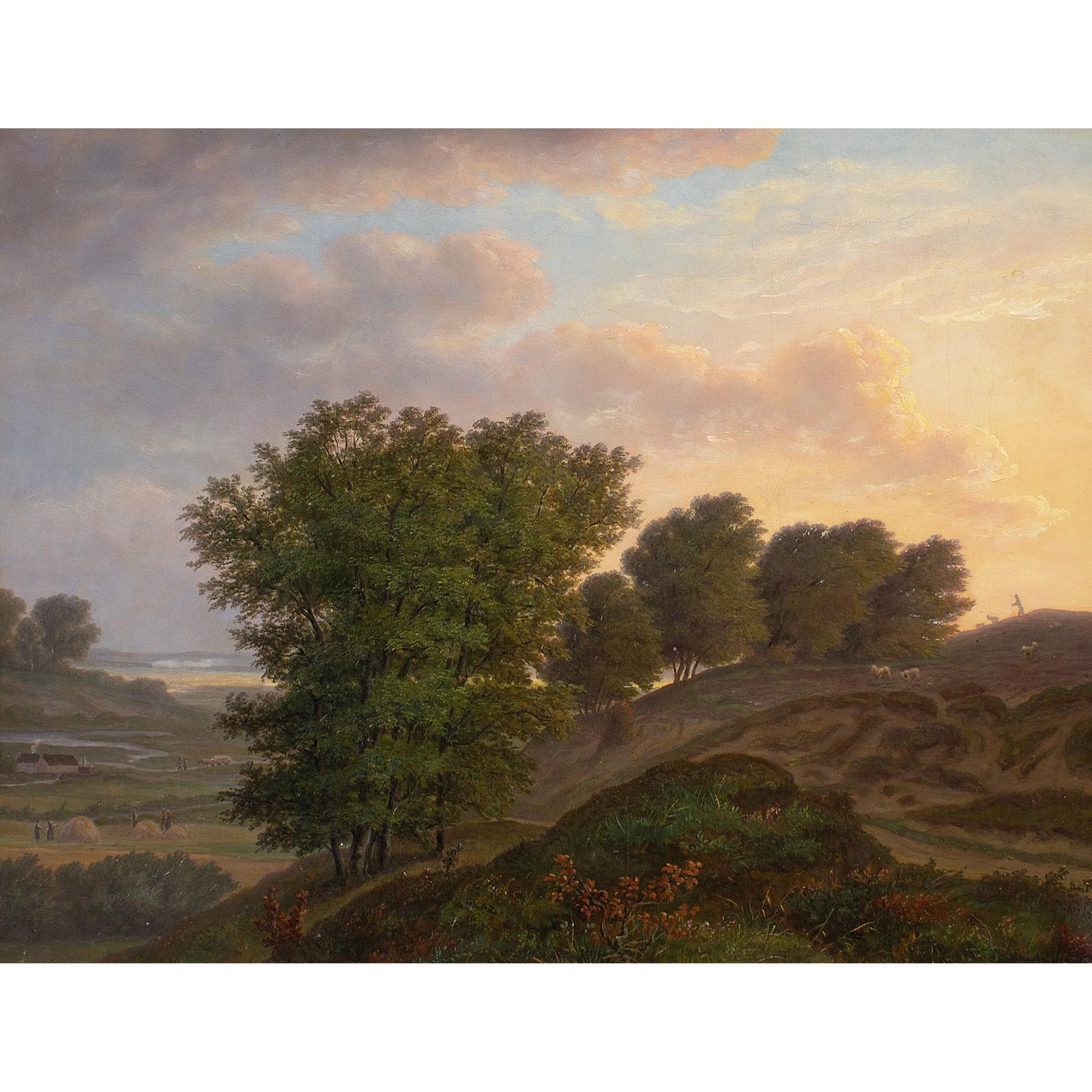 This charming late 19th-century Danish oil painting depicts a picturesque rural view with a farm, wandering shepherd and trees.

Akin to a classical vision of pastoral bliss, this majestic landscape celebrates the sublimity of the natural world.