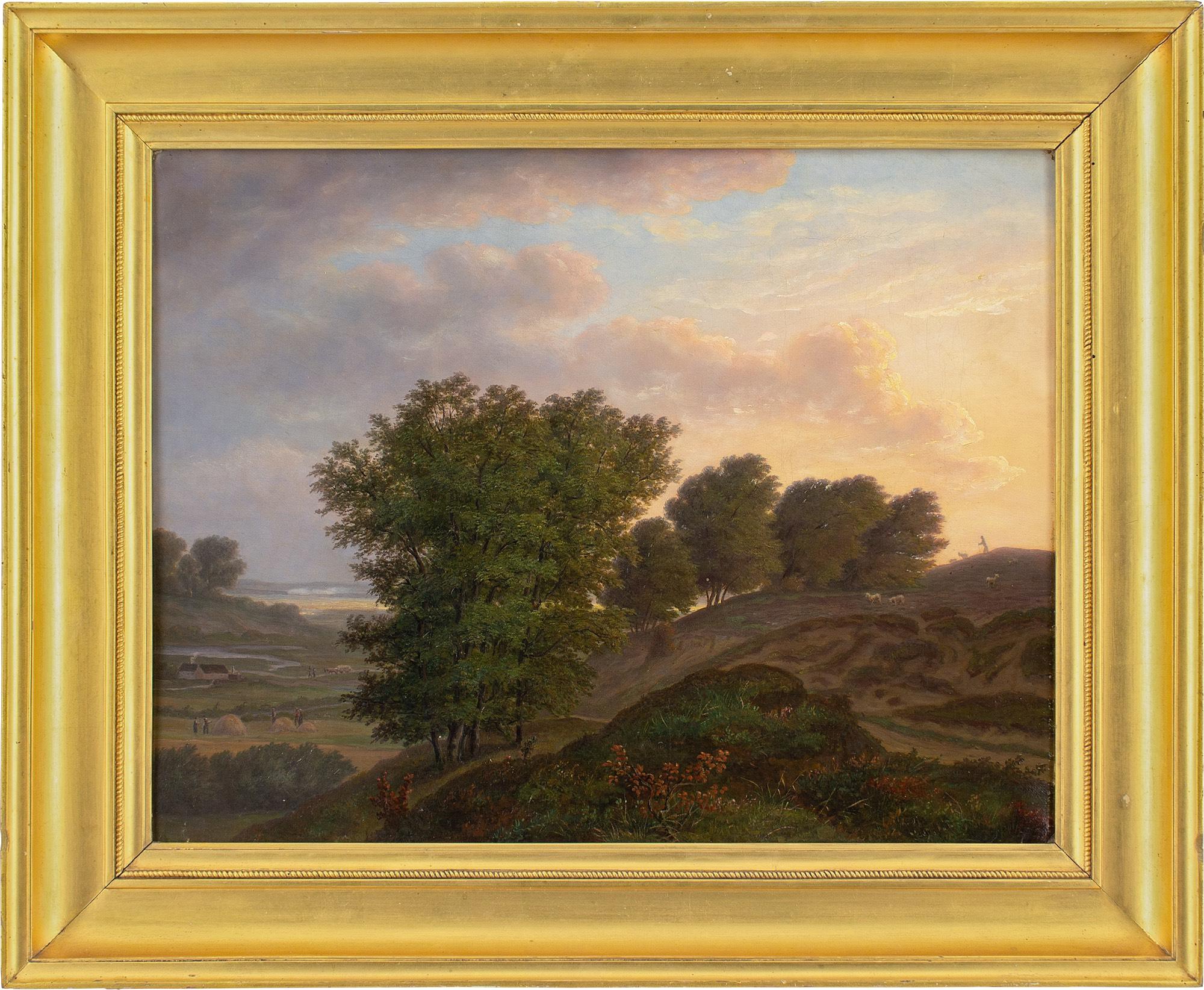 École danoise du 19e siècle, paysage Idyllique avec ferme, peinture à l'huile