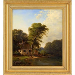 19th-Century Danish School, River Landscape With Cottage, Antique Oil Painting 