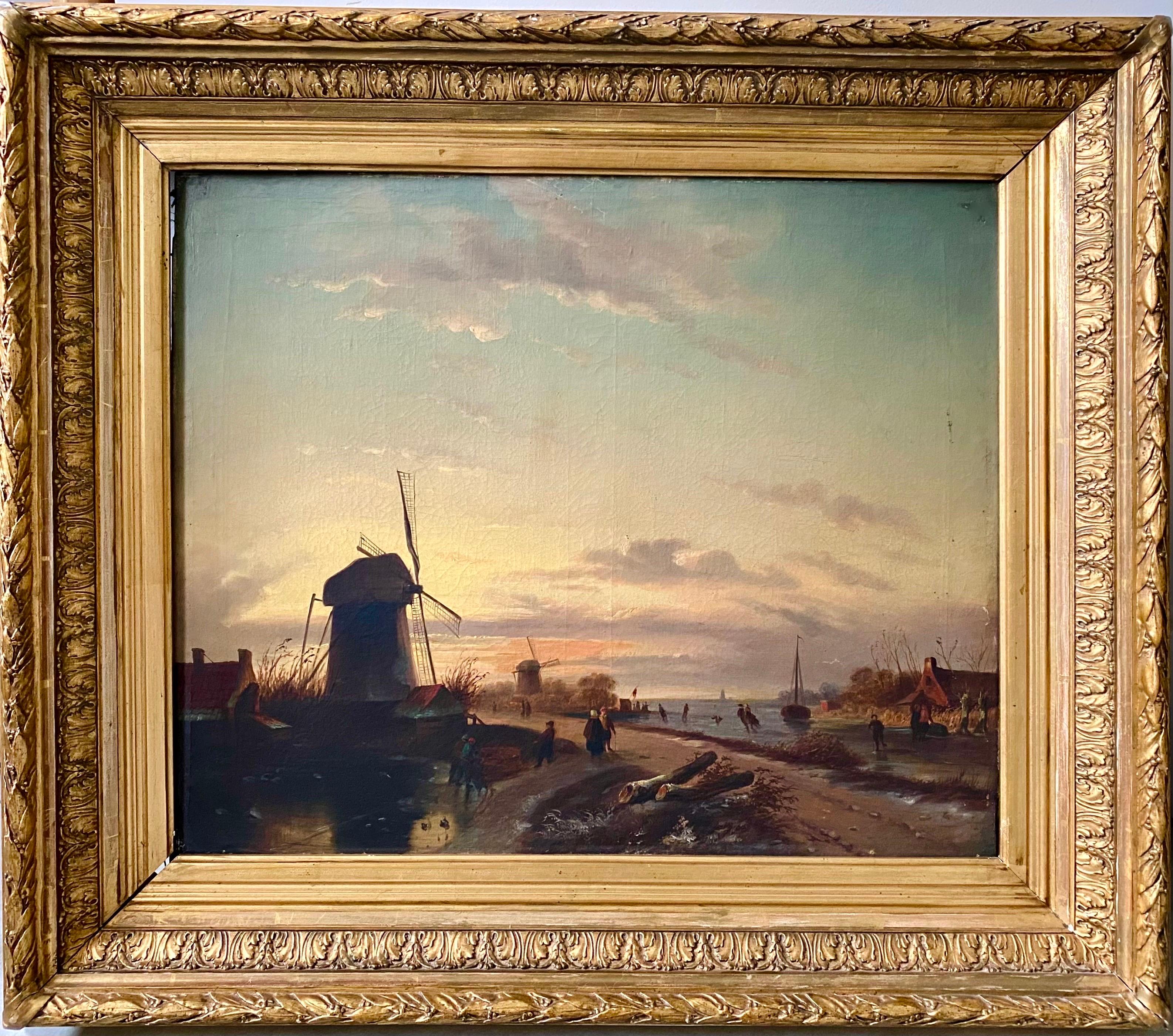 Unknown Figurative Painting - 19th century Dutch oil painting of a sunset over a winter Landscape - Figurative