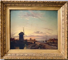 19th century Dutch oil painting of a sunset over a winter Landscape - Figurative
