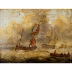 19th-Century Dutch School Marine Scene With Warship, Oil Painting
