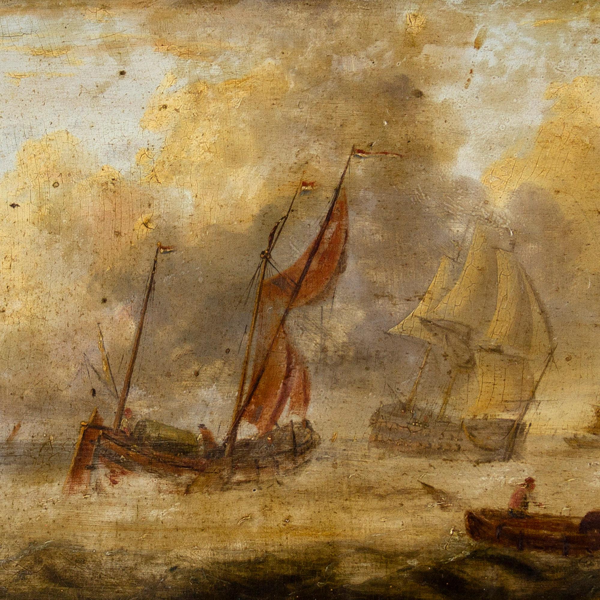 This worn 19th-century oil on panel depicts a lively marine scene from the 17th century with Dutch sailboats and a warship.

The artist has referenced a time when the Dutch navy was the envy of Europe for its scale and ferocity. Between 1652 and