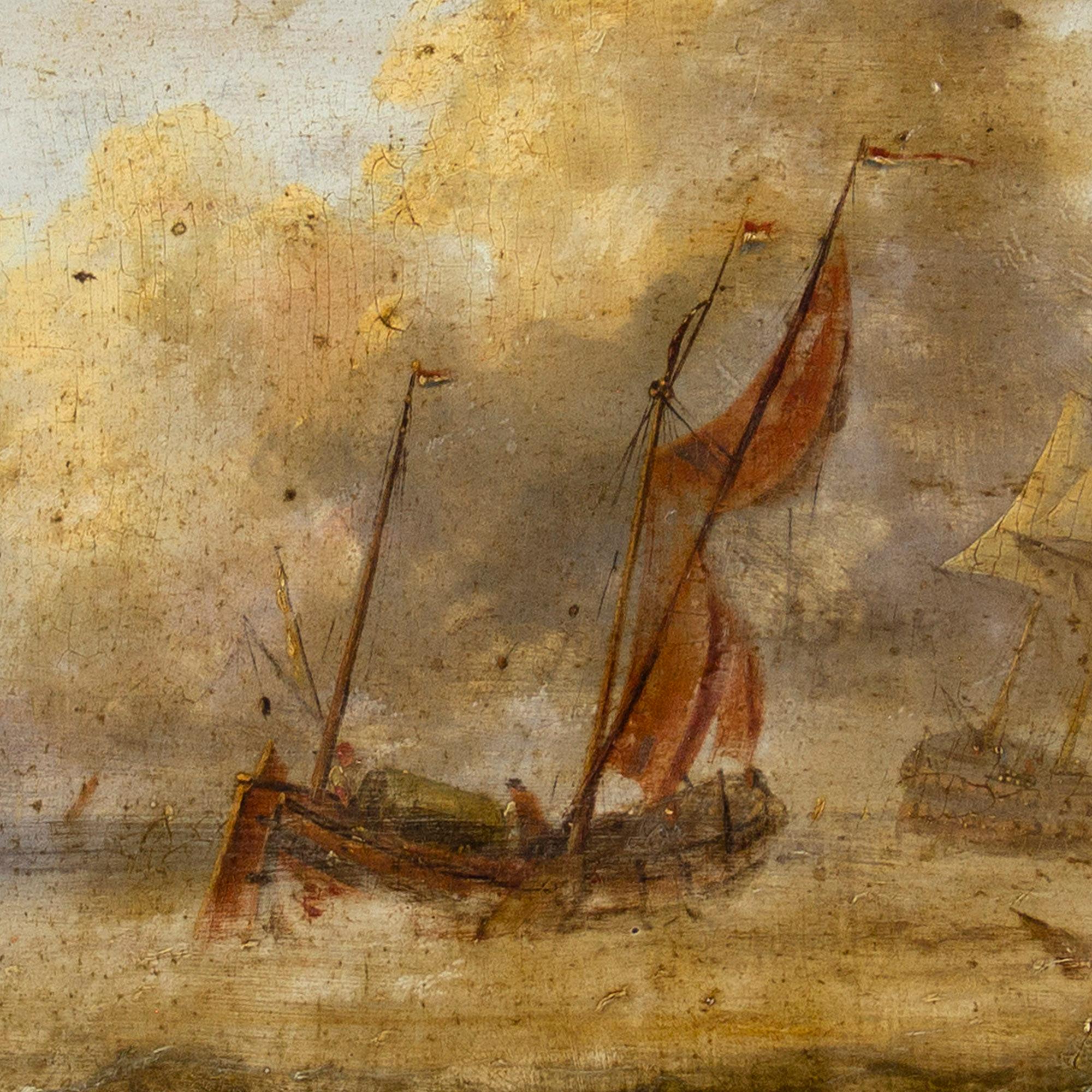 19th-Century Dutch School Marine Scene With Warship, Oil Painting 1