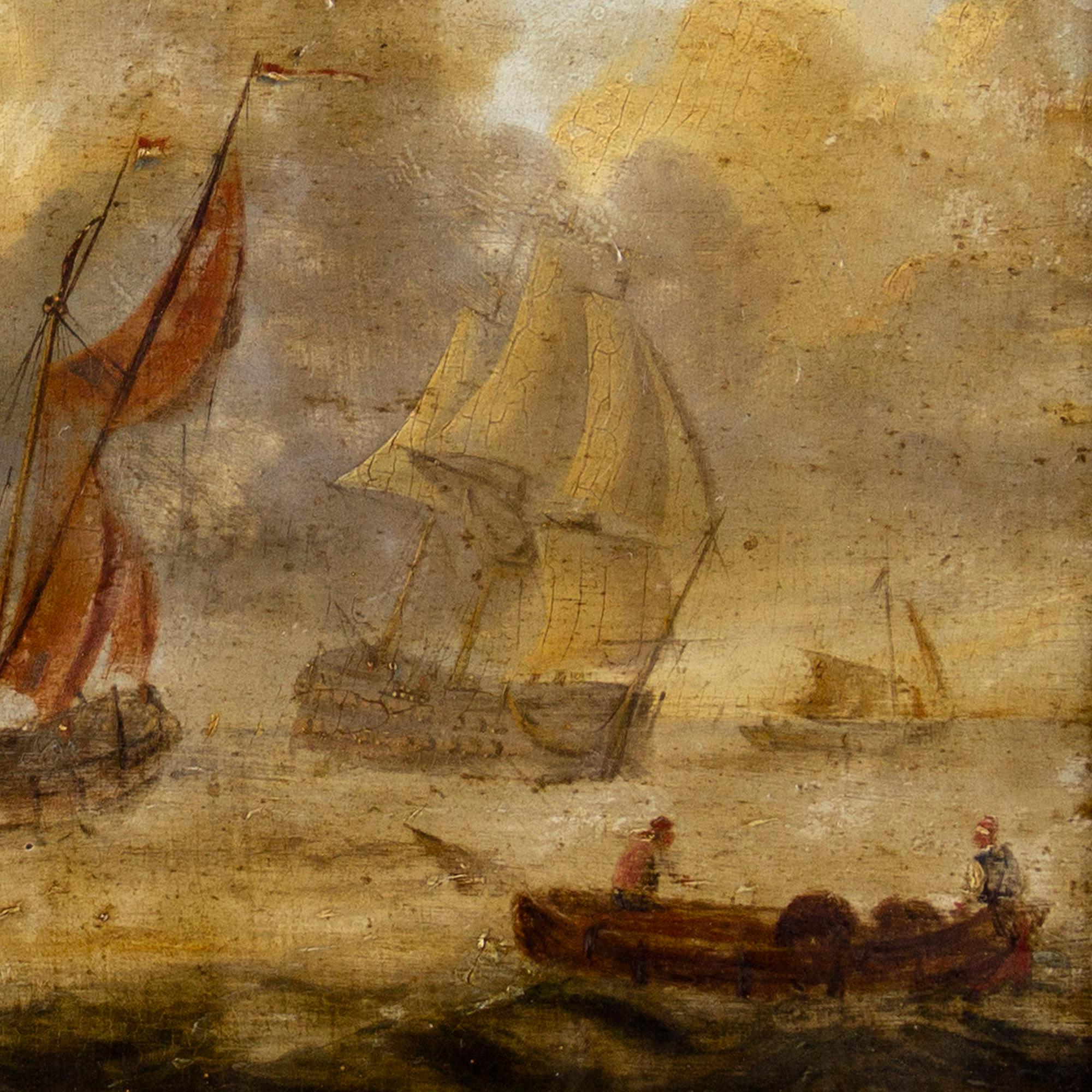 19th-Century Dutch School Marine Scene With Warship, Oil Painting 2