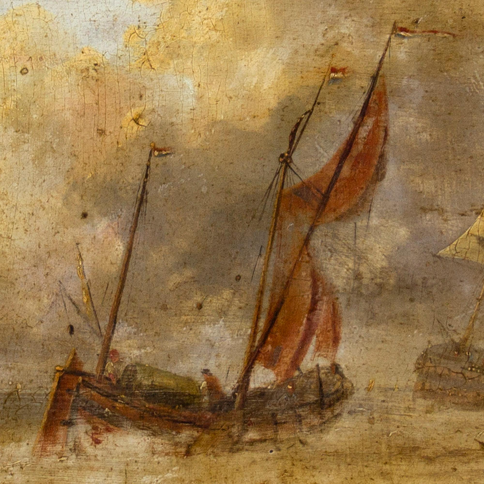 19th-Century Dutch School Marine Scene With Warship, Oil Painting 3