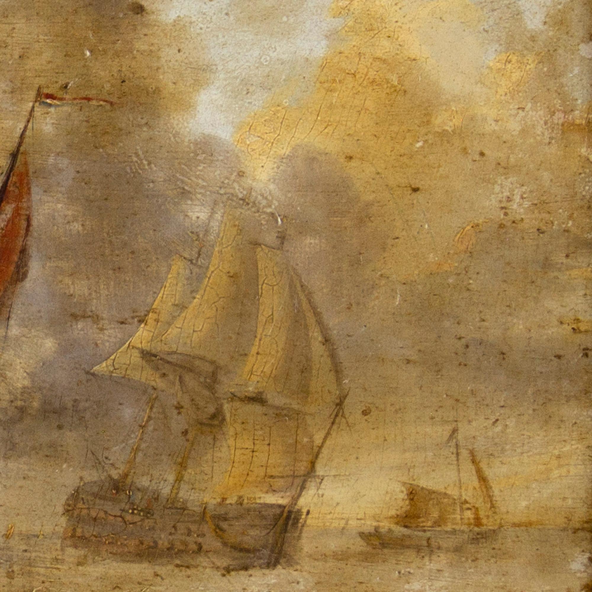 19th-Century Dutch School Marine Scene With Warship, Oil Painting 4