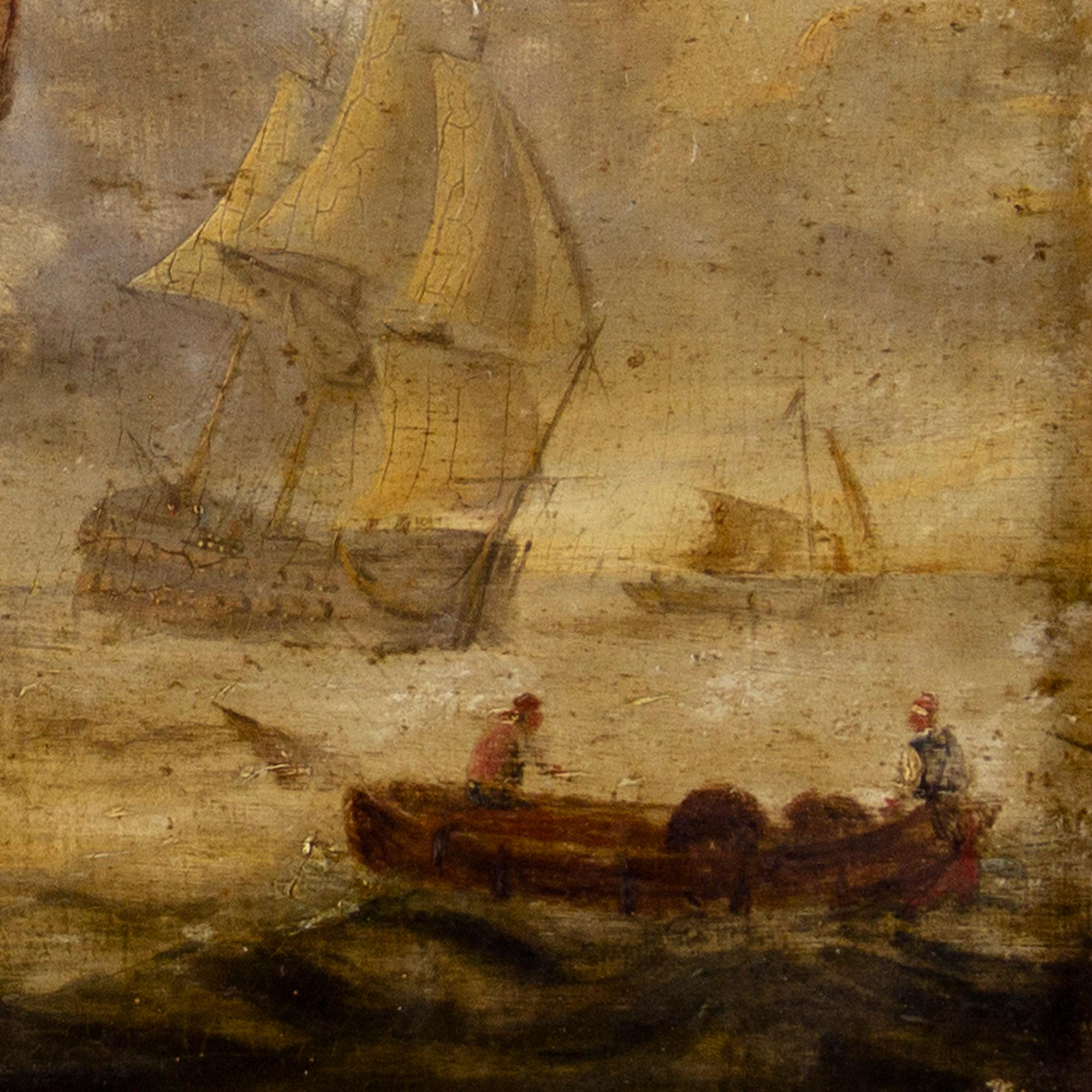 19th-Century Dutch School Marine Scene With Warship, Oil Painting 5