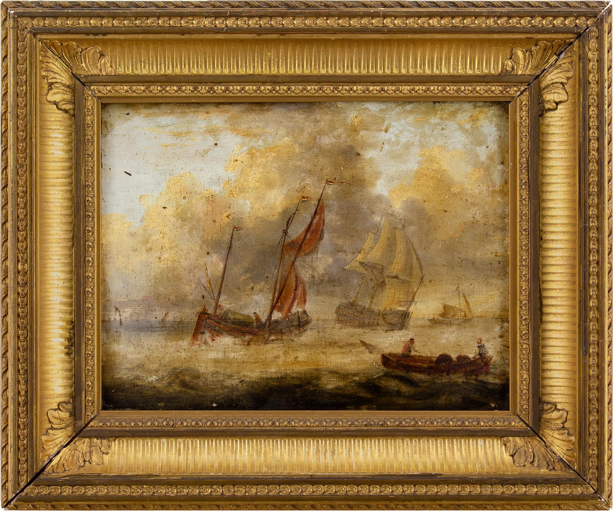 Unknown Landscape Painting - 19th-Century Dutch School Marine Scene With Warship, Oil Painting