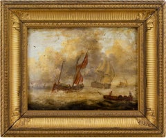 Antique 19th-Century Dutch School Marine Scene With Warship, Oil Painting