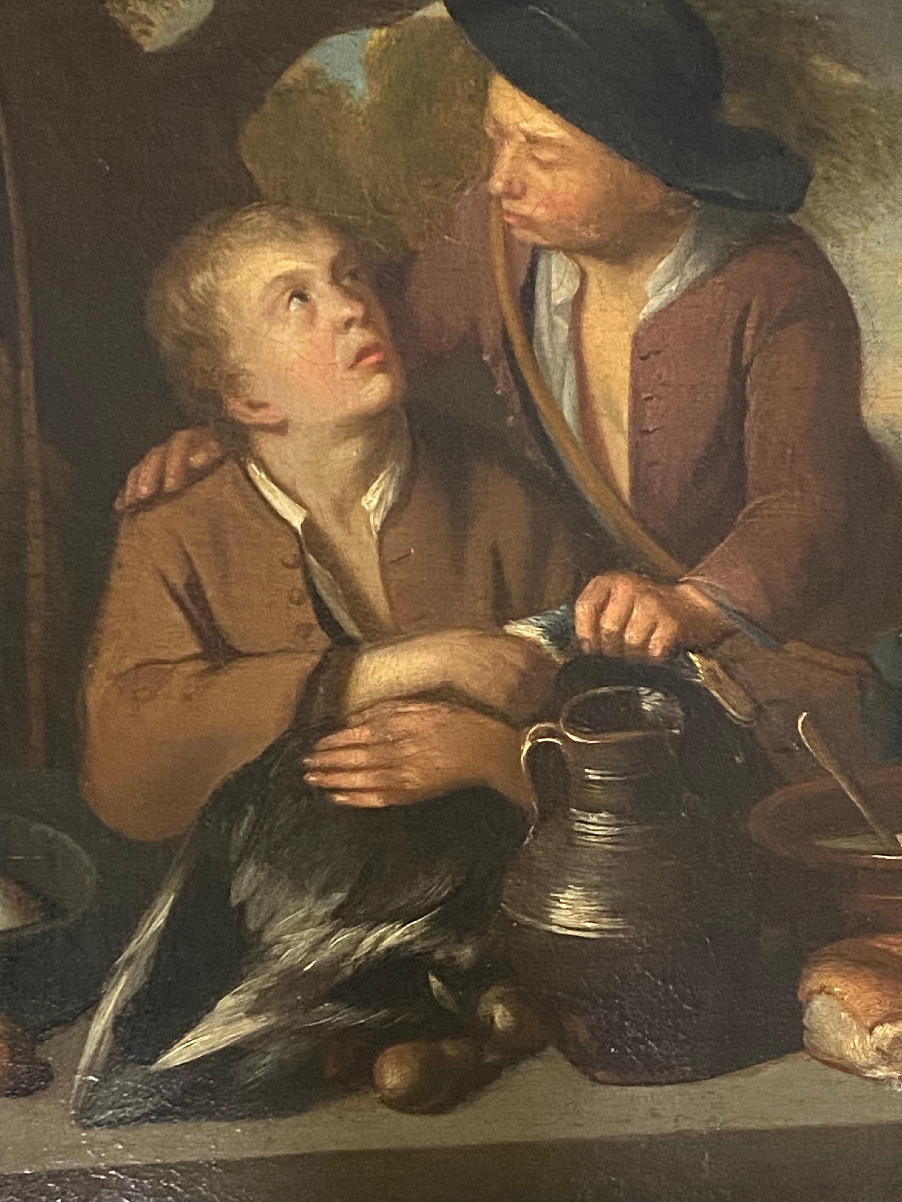 Outstanding Dutch School oil painting, with a touch of Old Master sensibilities.

The quality of this painting cannot be overstated.

Behind the seated boy is a bow, which was the weapon most likely used to secure the duck.

At the table is
