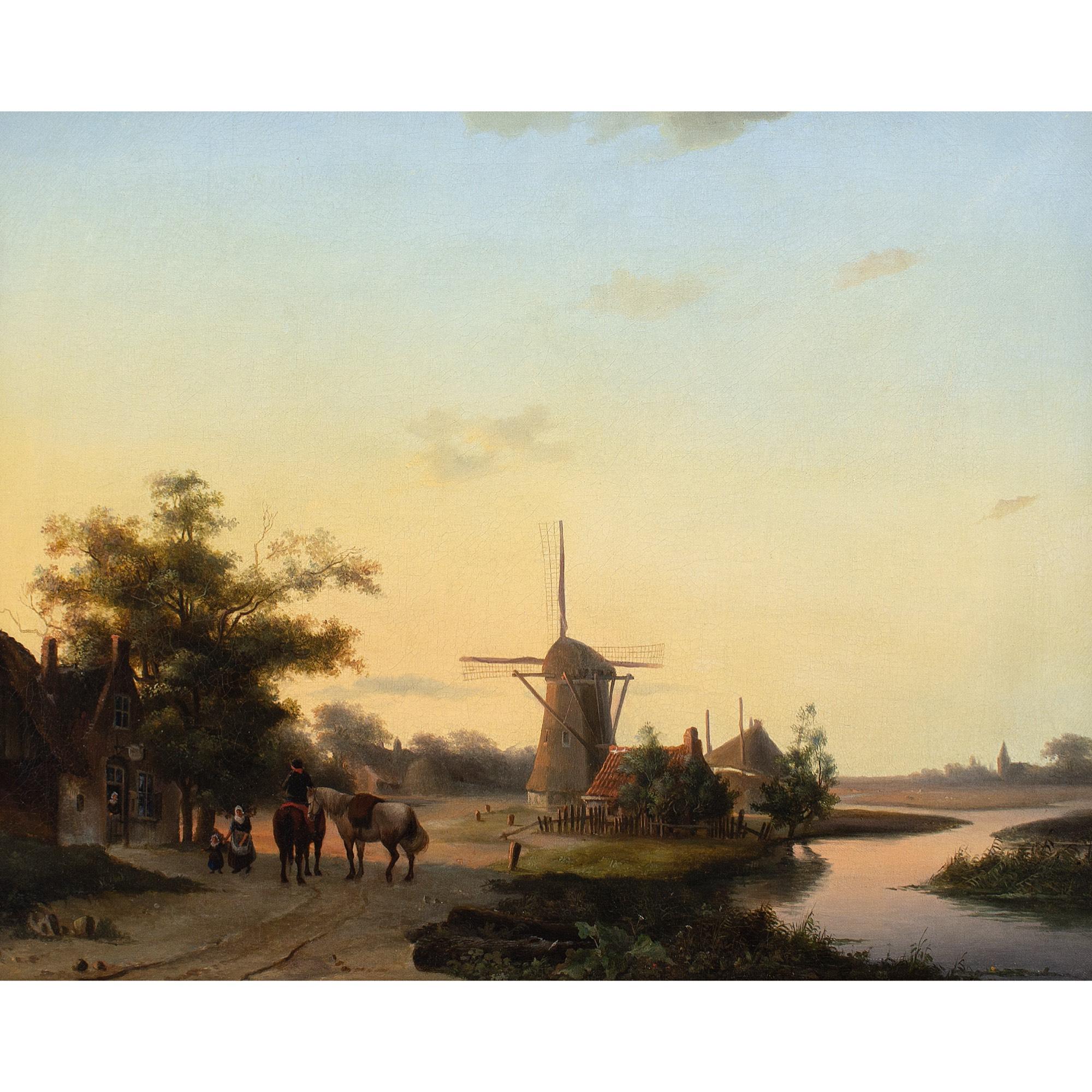 Niederländische Schule des 19. Jahrhunderts, Flusslandschaft mit Inn & Windmühle – Painting von Unknown