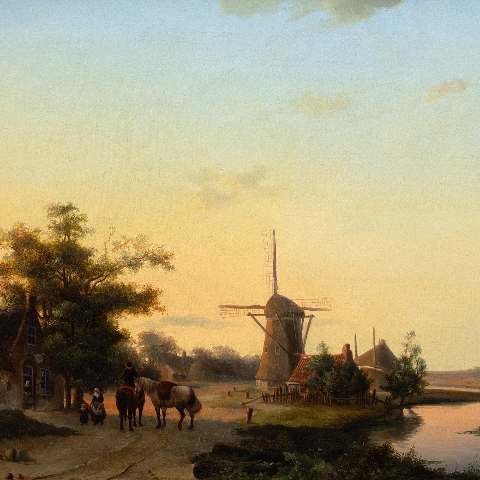 École hollandaise du 19e siècle, paysage fluvial avec auvent et moulin à vent en vente 2