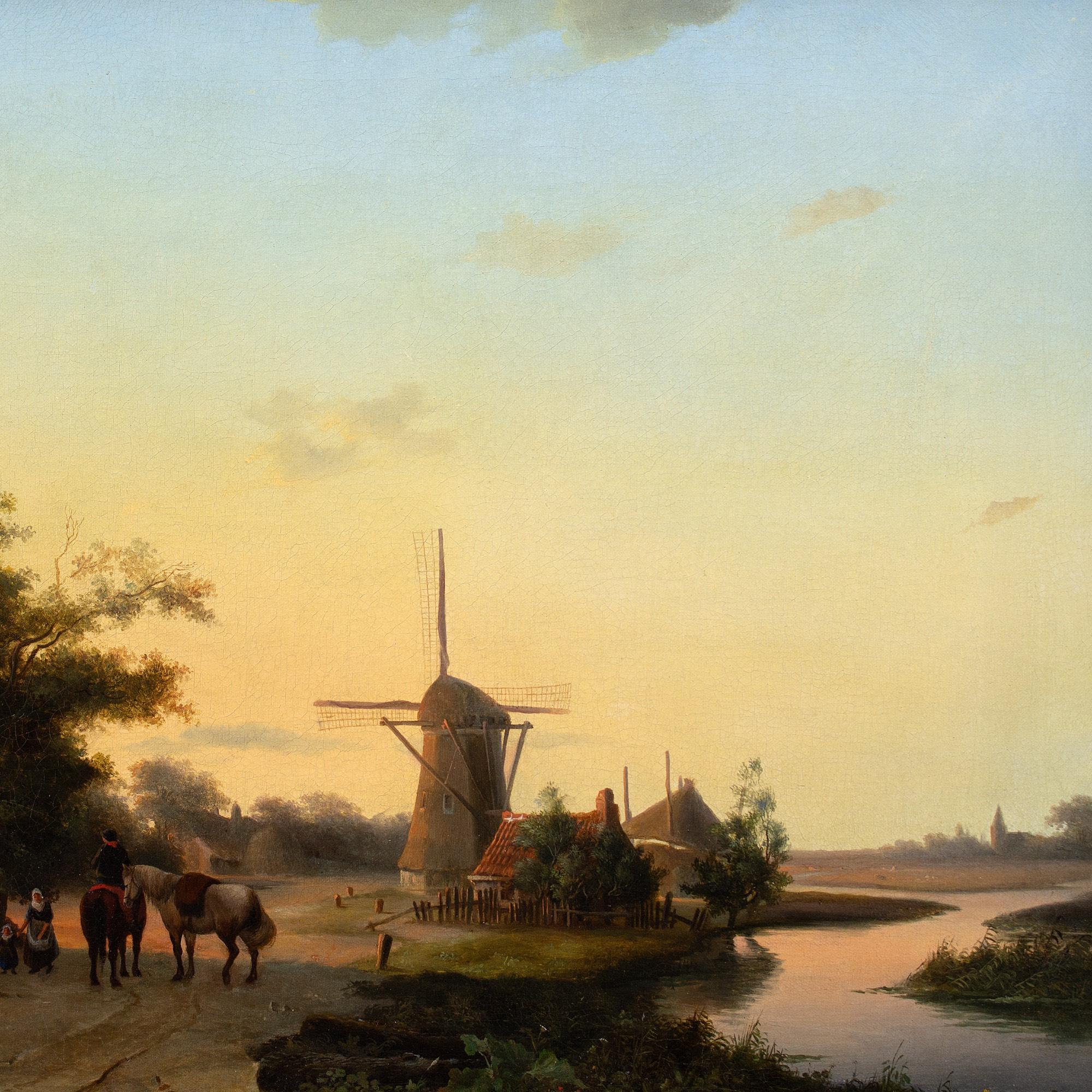 Niederländische Schule des 19. Jahrhunderts, Flusslandschaft mit Inn & Windmühle im Angebot 3