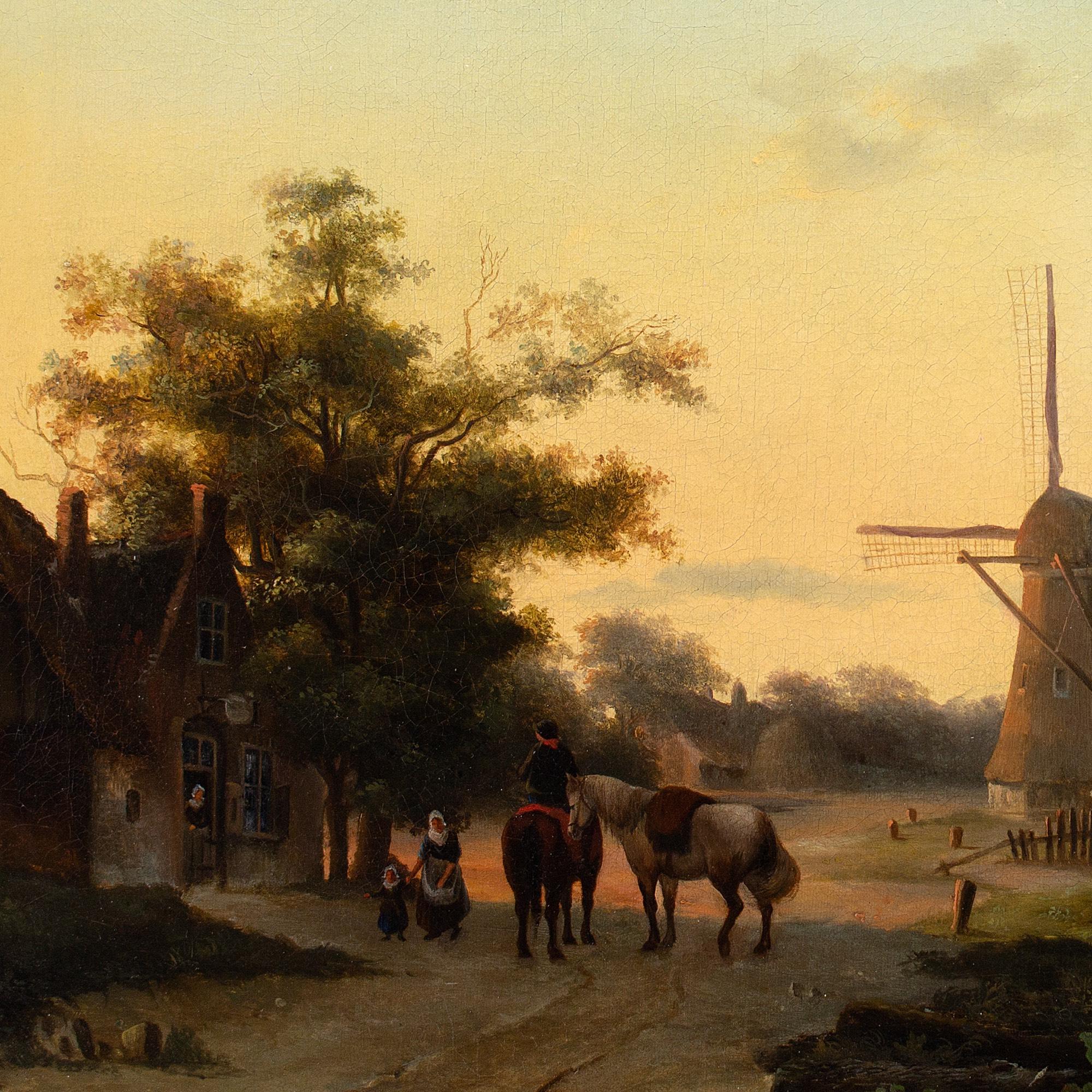 Niederländische Schule des 19. Jahrhunderts, Flusslandschaft mit Inn & Windmühle im Angebot 4