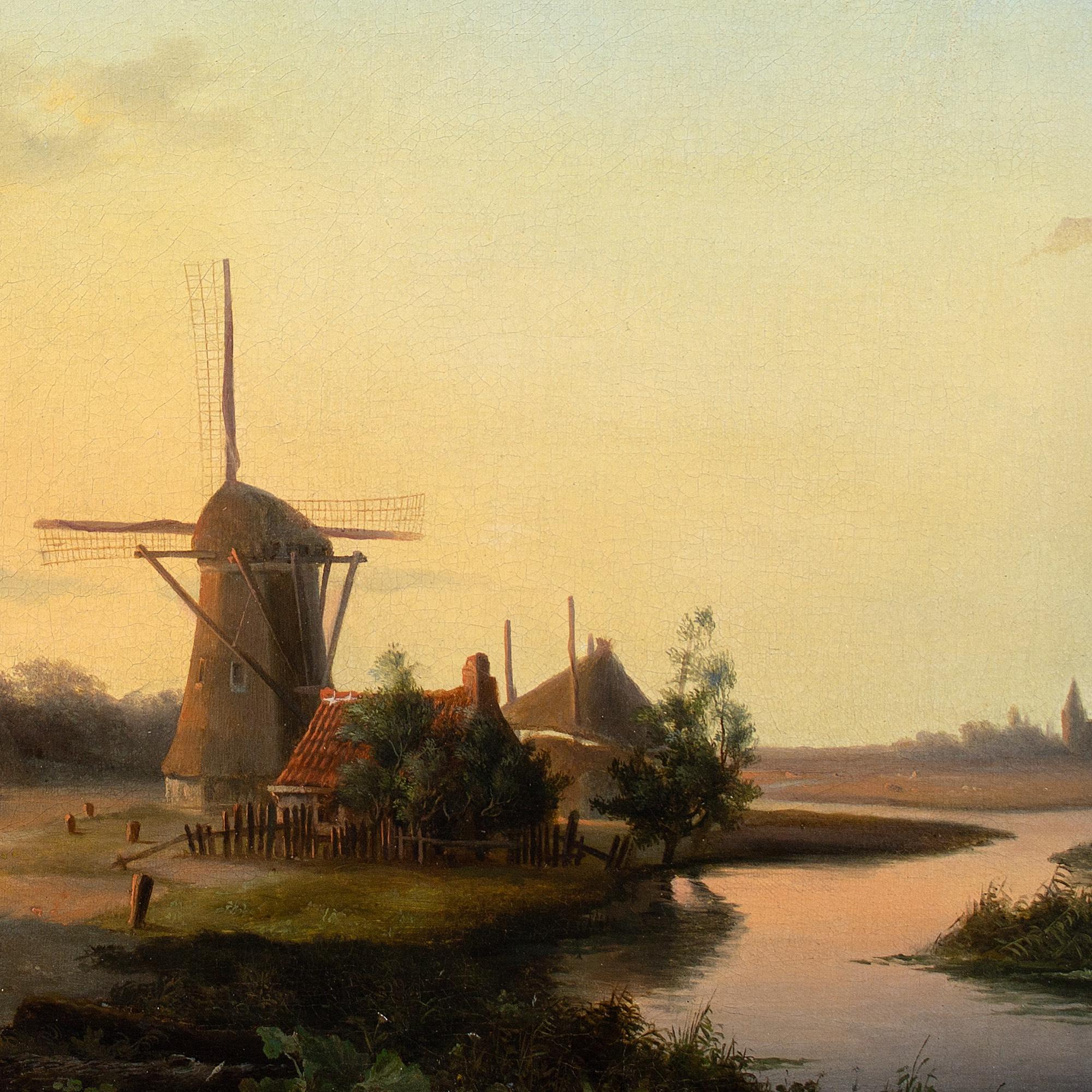 Niederländische Schule des 19. Jahrhunderts, Flusslandschaft mit Inn & Windmühle im Angebot 5