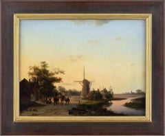 École hollandaise du 19e siècle, paysage fluvial avec auvent et moulin à vent