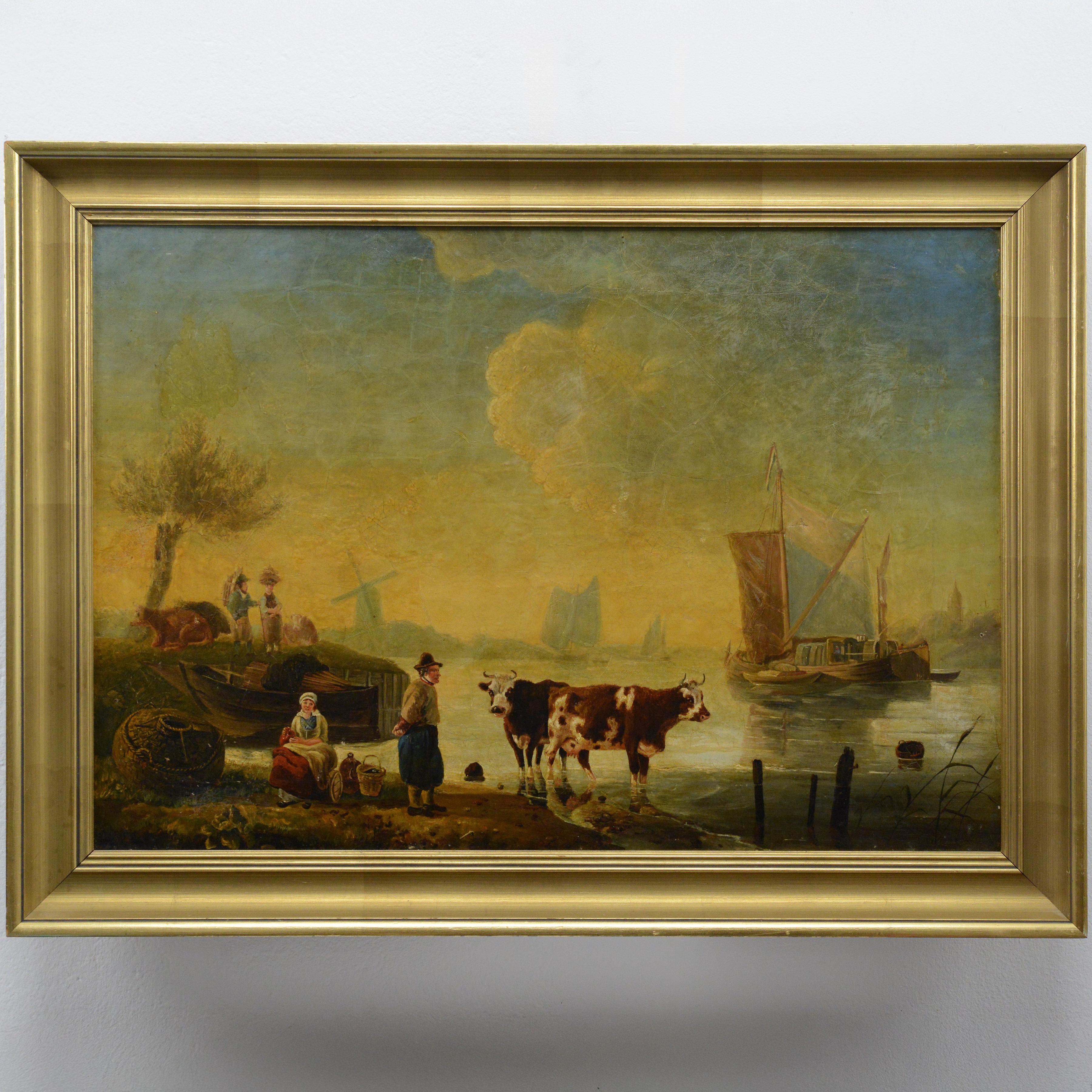 19th Century Dutch School Riverside Oil Painting Framed Cattle and Sailing Boats - Brown Figurative Painting by Unknown