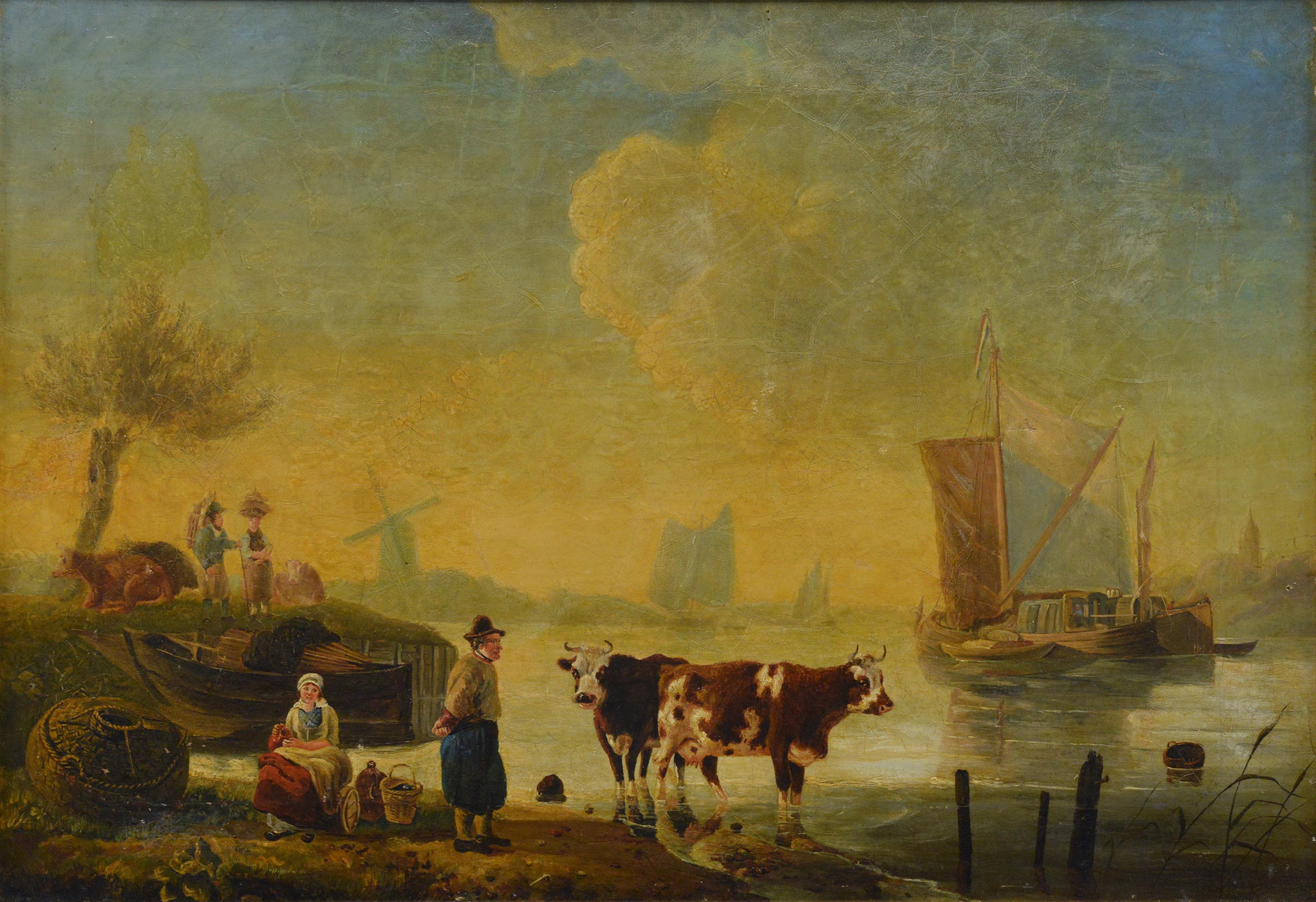 This atmospheric pastoral landscape by a Dutch artist portrays a peaceful 19th-century riverbank where rural life blends with the romance of waterways. The composition follows classical principles of the Dutch-Flemish School, achieving depth and