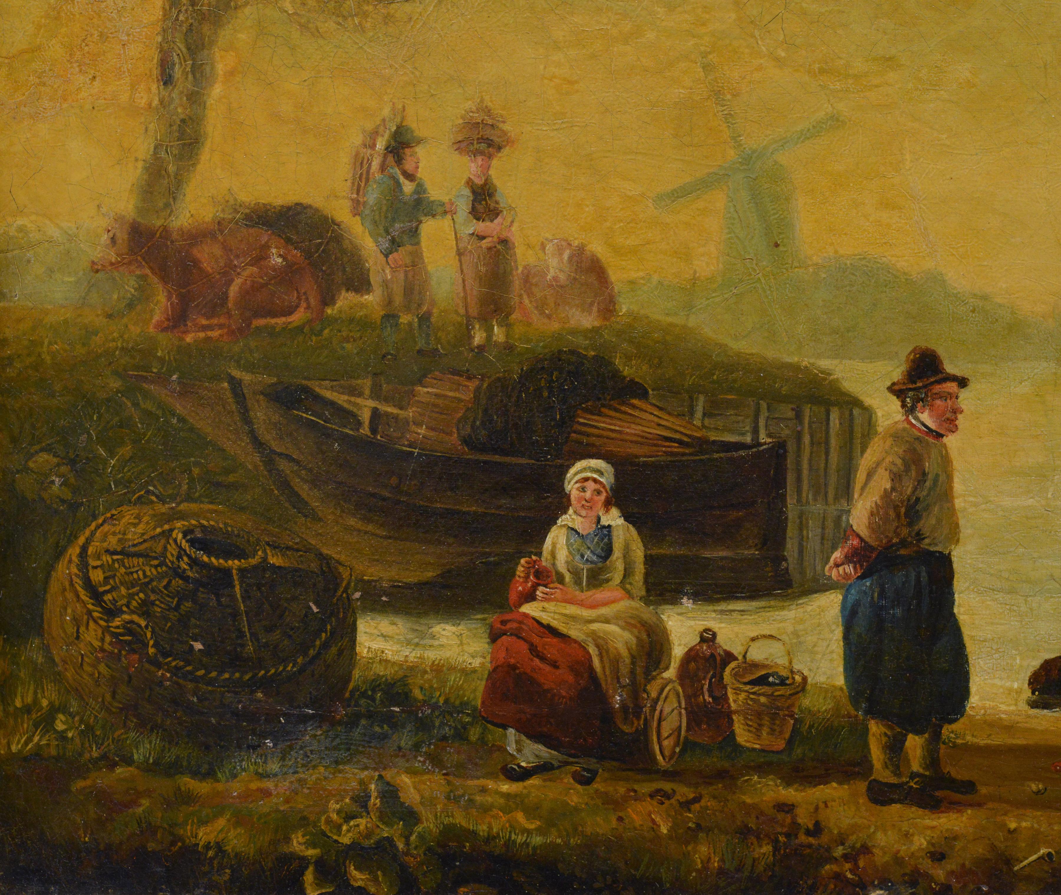 19th Century Dutch School Riverside Oil Painting Framed Cattle and Sailing Boats For Sale 1