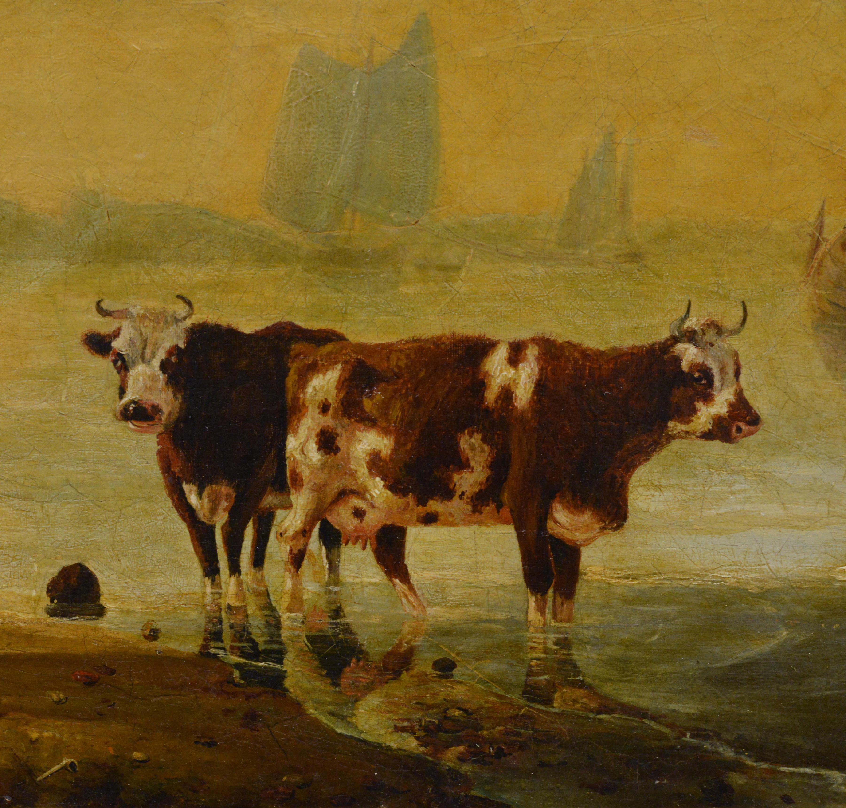 19th Century Dutch School Riverside Oil Painting Framed Cattle and Sailing Boats For Sale 2