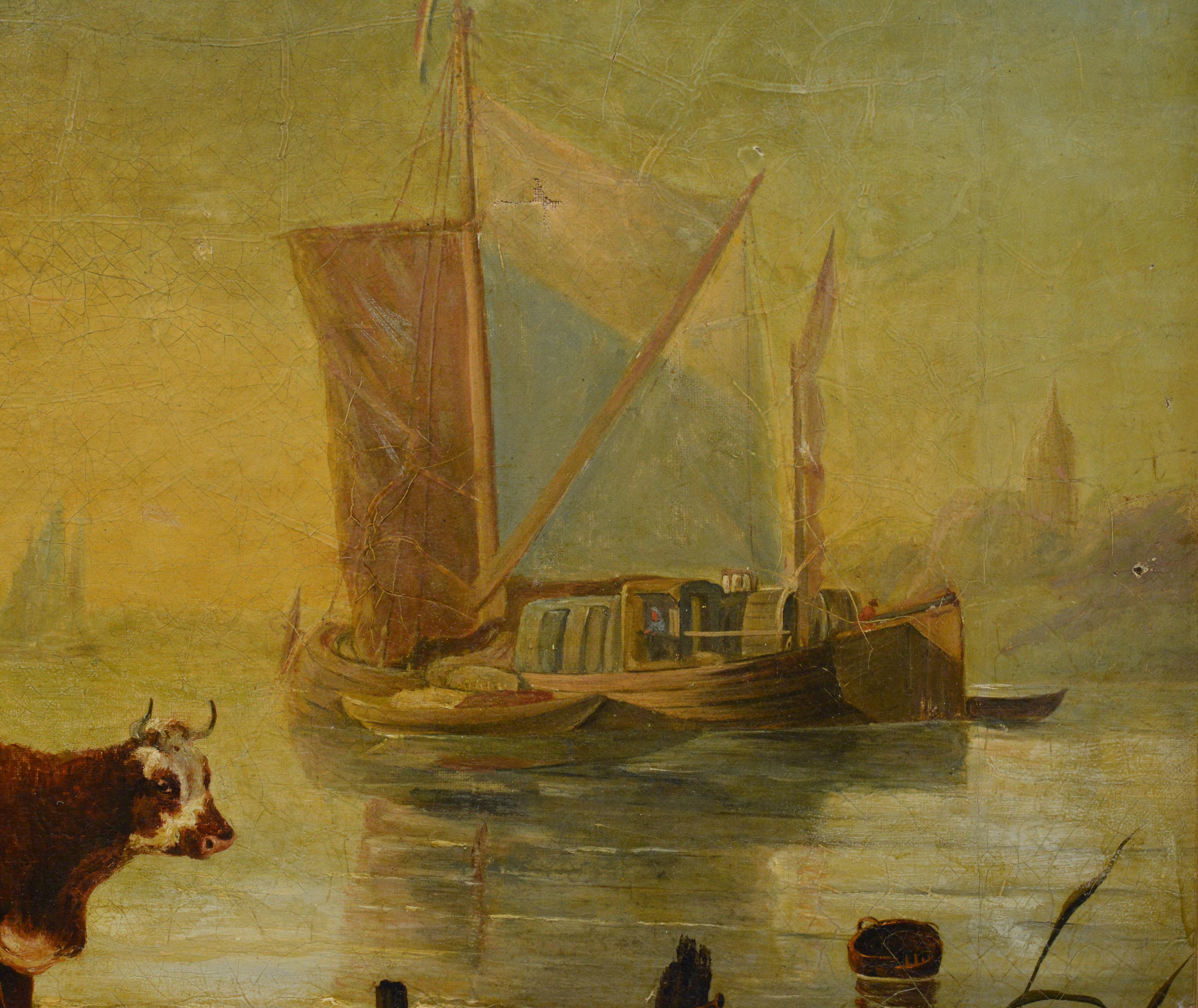 19th Century Dutch School Riverside Oil Painting Framed Cattle and Sailing Boats For Sale 3