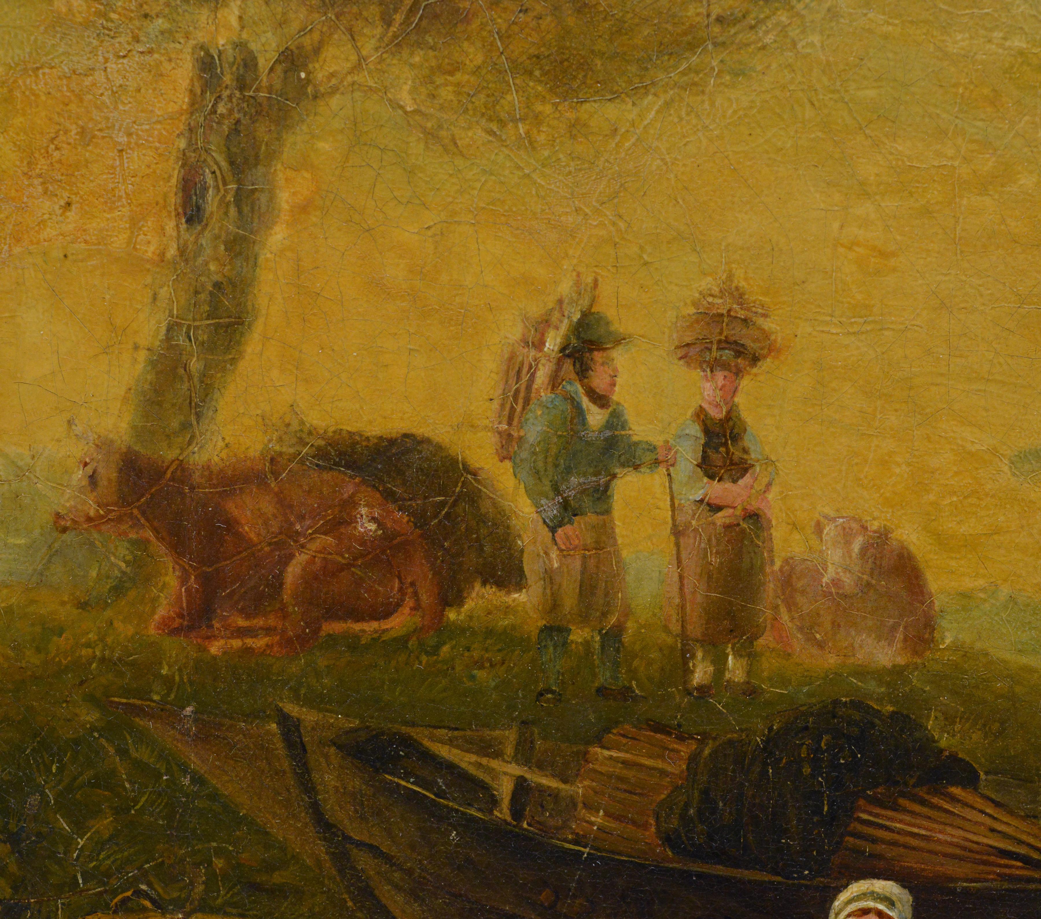 19th Century Dutch School Riverside Oil Painting Framed Cattle and Sailing Boats For Sale 4