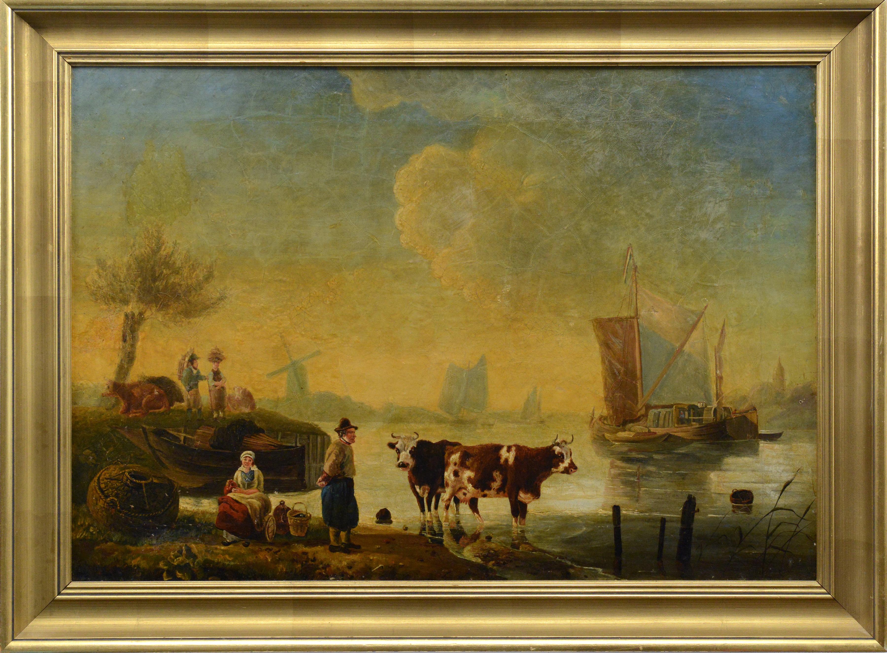 Unknown Figurative Painting - 19th Century Dutch School Riverside Oil Painting Framed Cattle and Sailing Boats