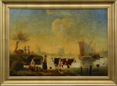 19th Century Dutch School Riverside Oil Painting Framed Cattle and Sailing Boats