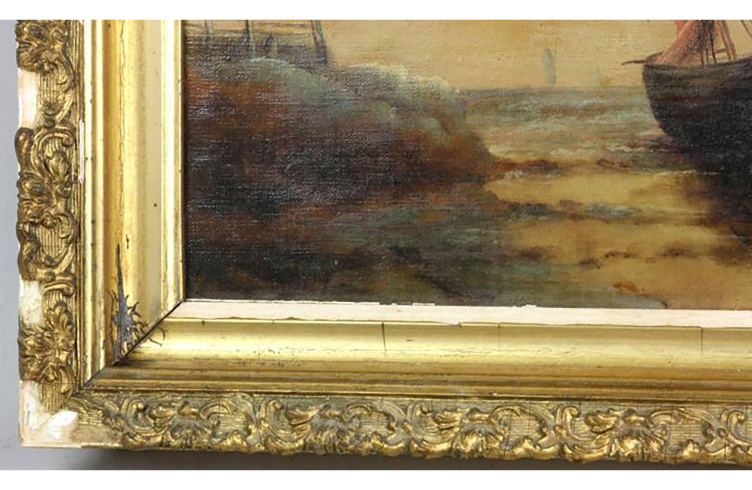 Niederländisches Shore-Scape-Ölgemälde des 19. Jahrhunderts – Segelboot und Fischer – Painting von Unknown