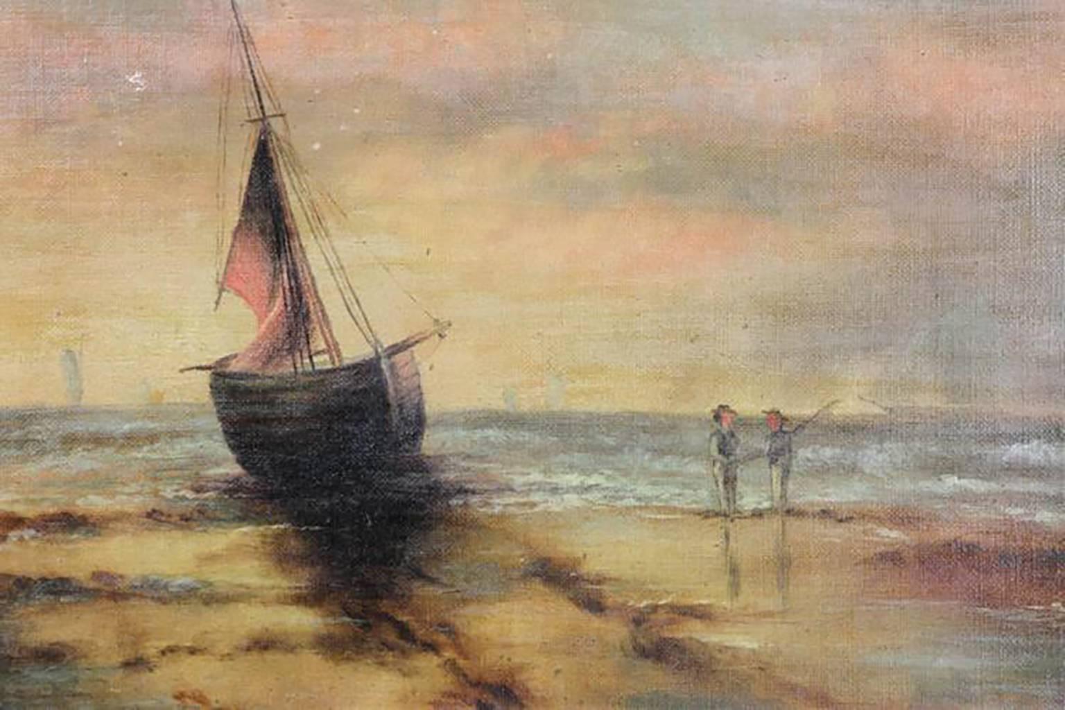 Niederländisches Shore-Scape-Ölgemälde des 19. Jahrhunderts – Segelboot und Fischer (Impressionismus), Painting, von Unknown