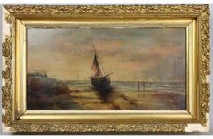19th Century Dutch Shore-Scape Oil Painting - Sailboat & Fishermen