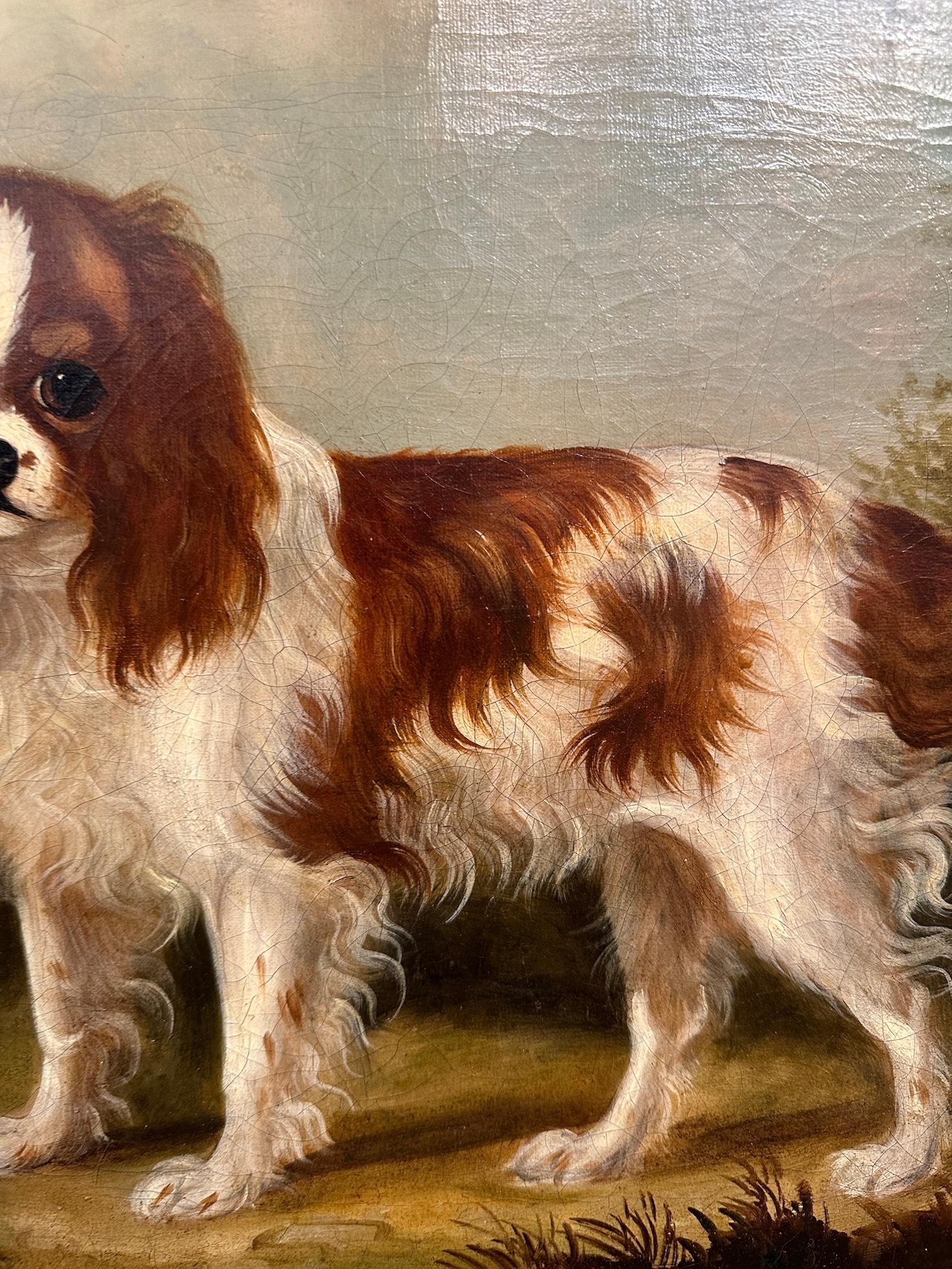 19th century English folk art portrait of a King Charles Cavalier Spaniel dog - Folk Art Painting by Unknown