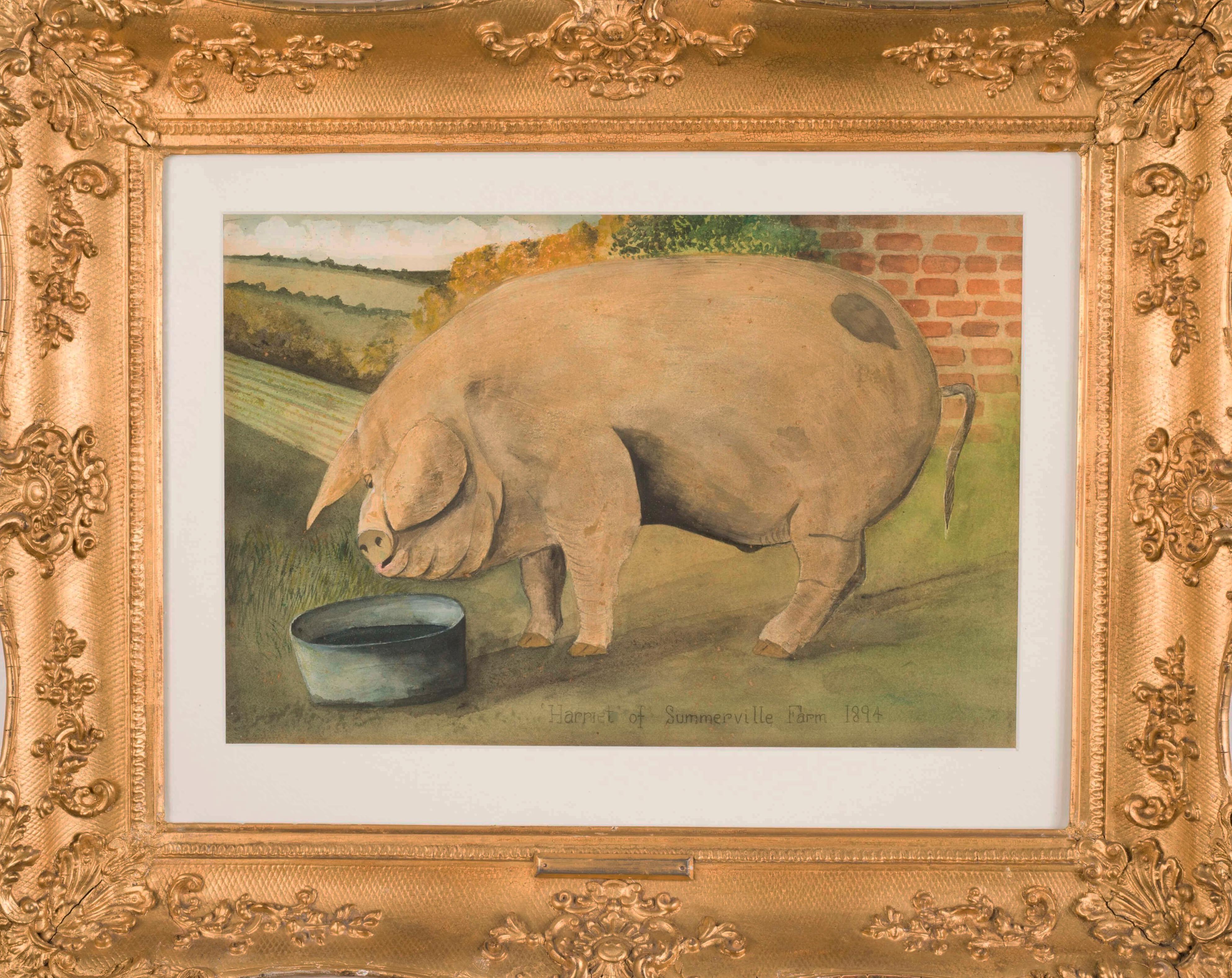 Unknown Animal Painting - 19th Century English naive oil painting of a pig