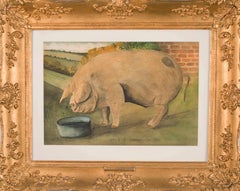 Antique 19th Century English naive oil painting of a pig